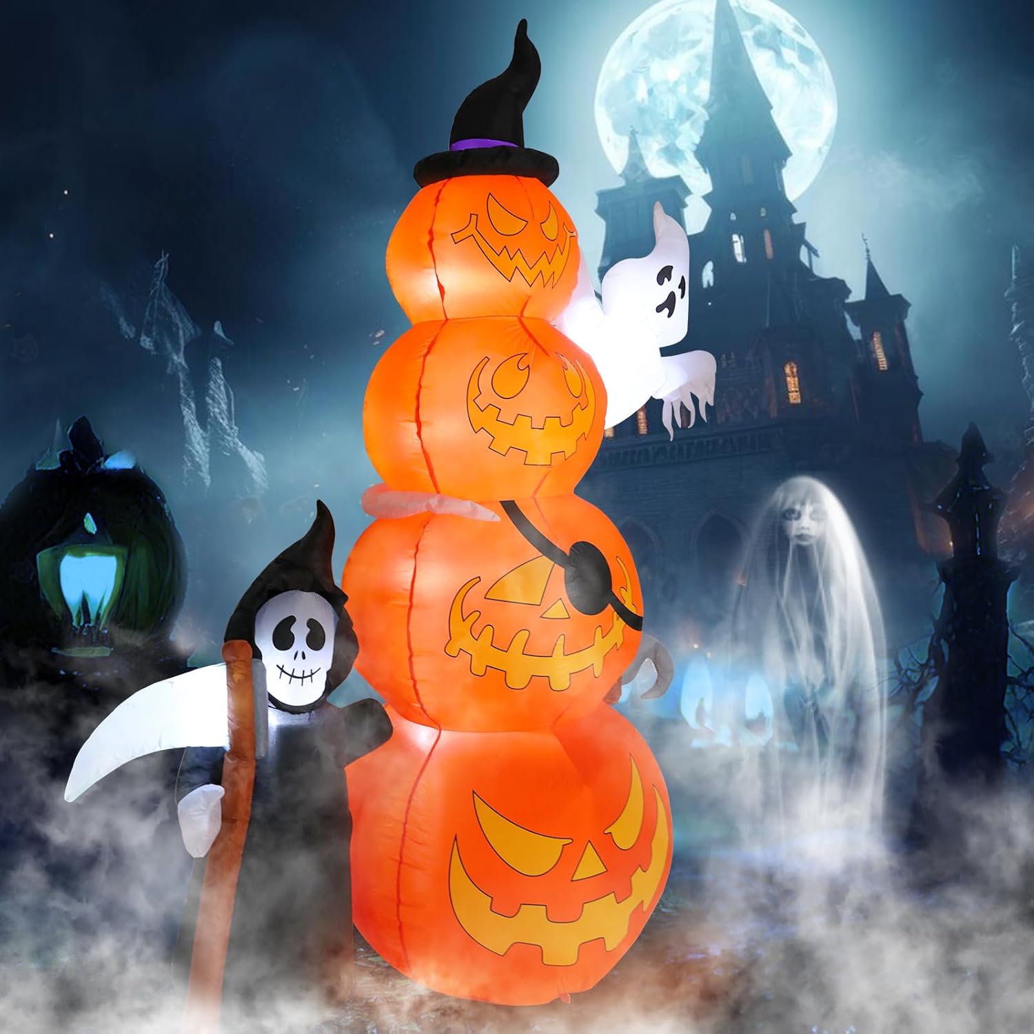 Decoraciones inflables de Halloween de 8.5 pies de alto para exteriores, calabazas inflables gigantes con fantasma y parca inflable de Halloween con