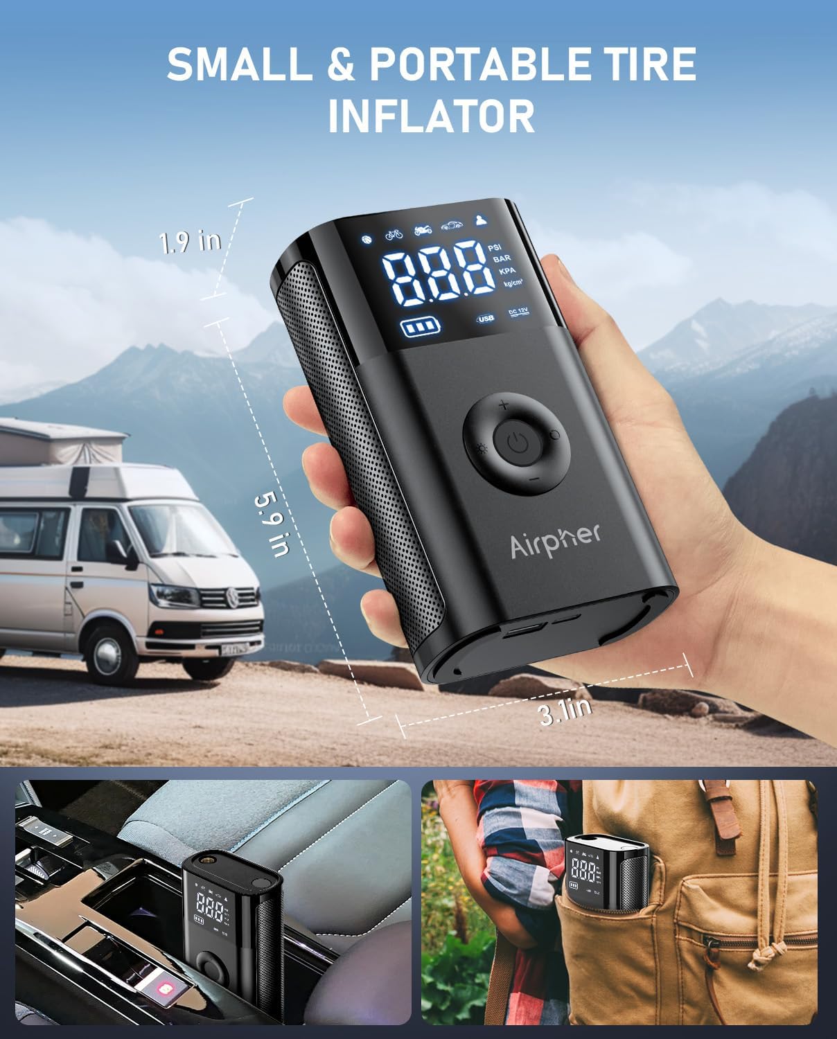 Inflador de neumáticos, compresor de aire portátil, bomba de inflado Airpher para neumáticos de automóvil con medidor digital de presión de