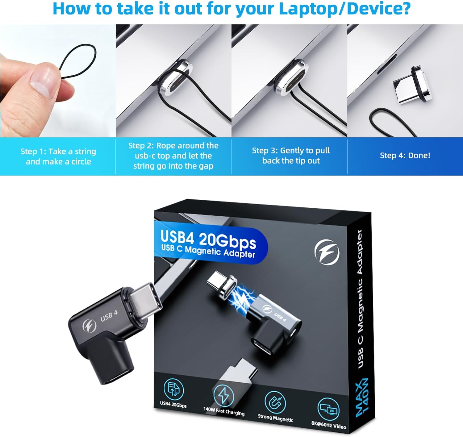 Adaptador magnético USB tipo C, (1 unidad), adaptador USB C magnético de 24 pines con PD de 140 W, USB4, transferencia de datos de 20 Gbps 8K 60Hz