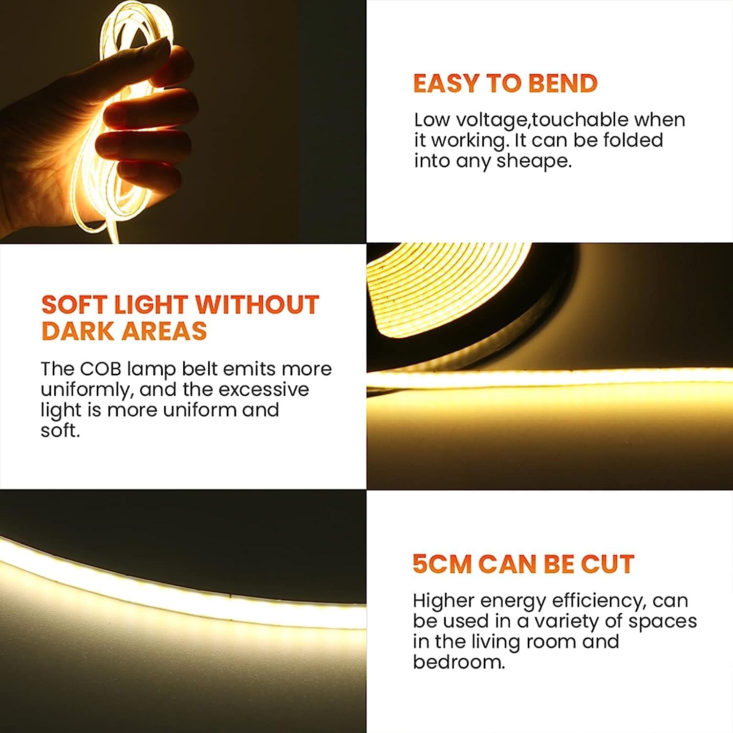 HEGEHE Tira de luces LED COB regulables, 1m3.28ft DC5V 320LEDsm, no impermeable, flexible, cinta de luz blanca cálida con atenuación táctil USB para