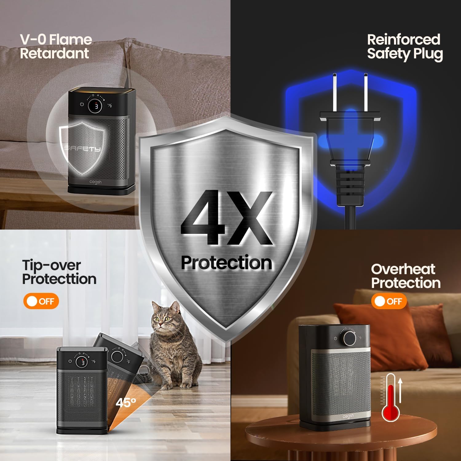 Cegsin Calentador de espacio, calentadores eléctricos portátiles oscilantes de 85 para uso en interiores, calor de seguridad rápido PTC de 1400 W,