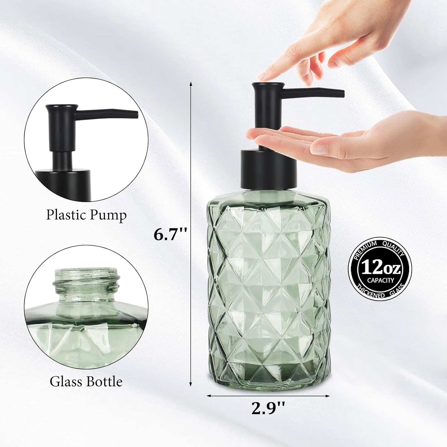 YCWF Juego de dispensador de jabón de vidrio verde transparente con bomba, dispensador de jabón líquido de manos de 12 onzas, dispensador de loción