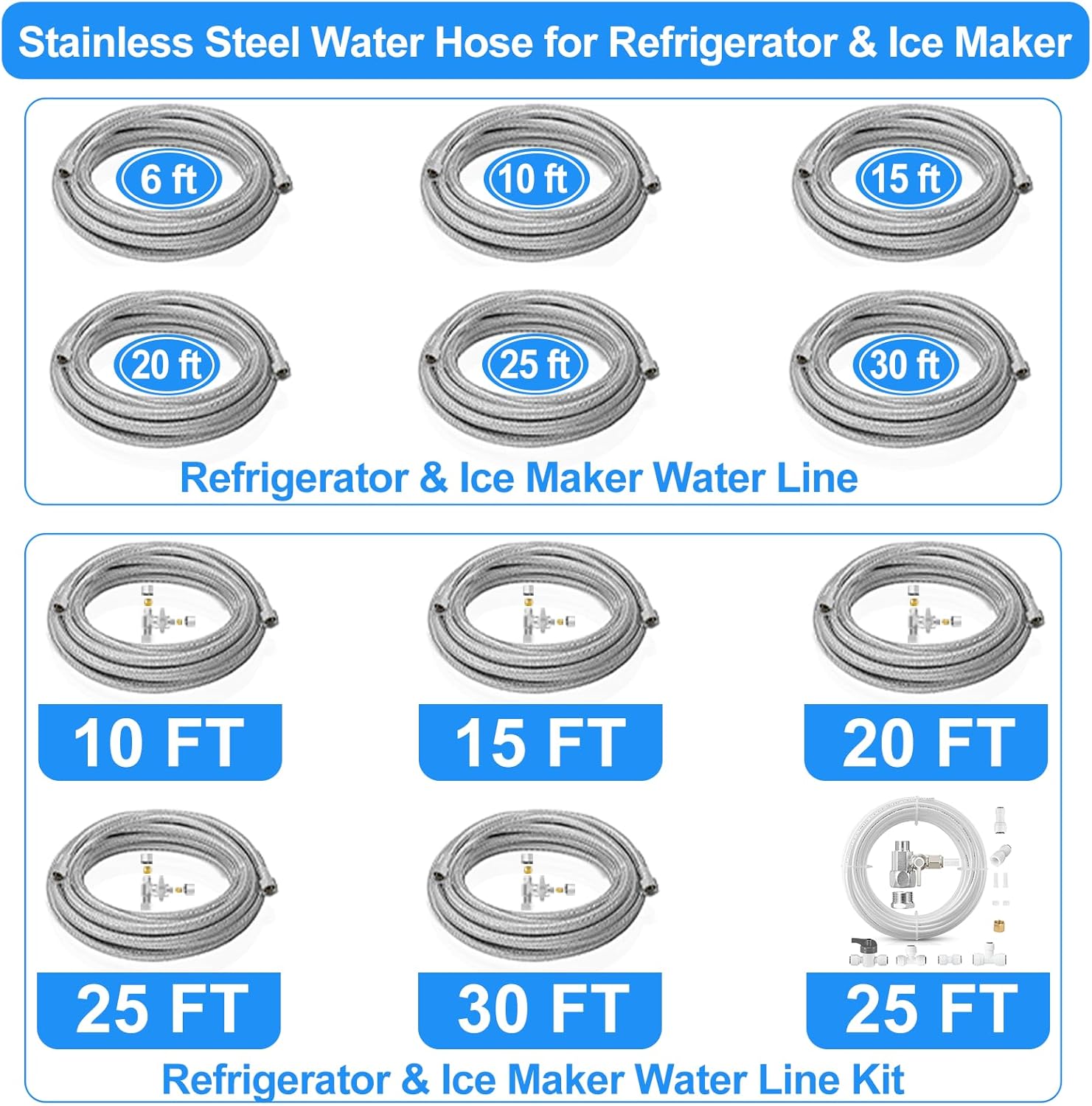 Kit de línea de agua para refrigerador de 20 pies con válvula de tope en T de 38 a 14 a 38 pulgadas para la mayoría de marcas y modelos de