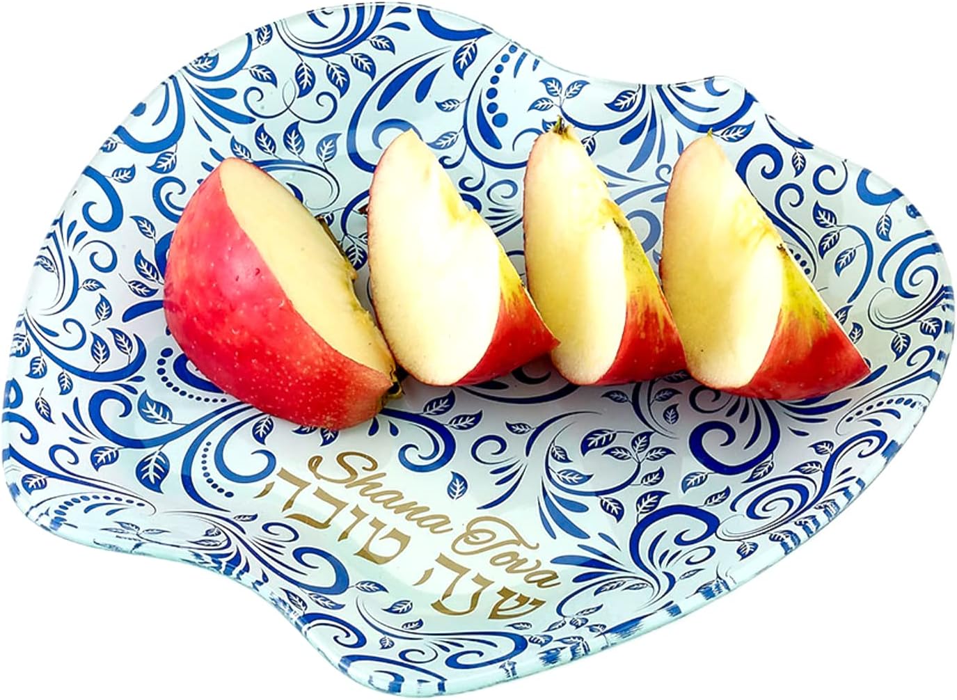 Rosh Hashanah – Plato de manzana de vidrio con azul y dorado judío de año nuevo anfitriona fiesta favores cocina servir accesorios de cocina regalos