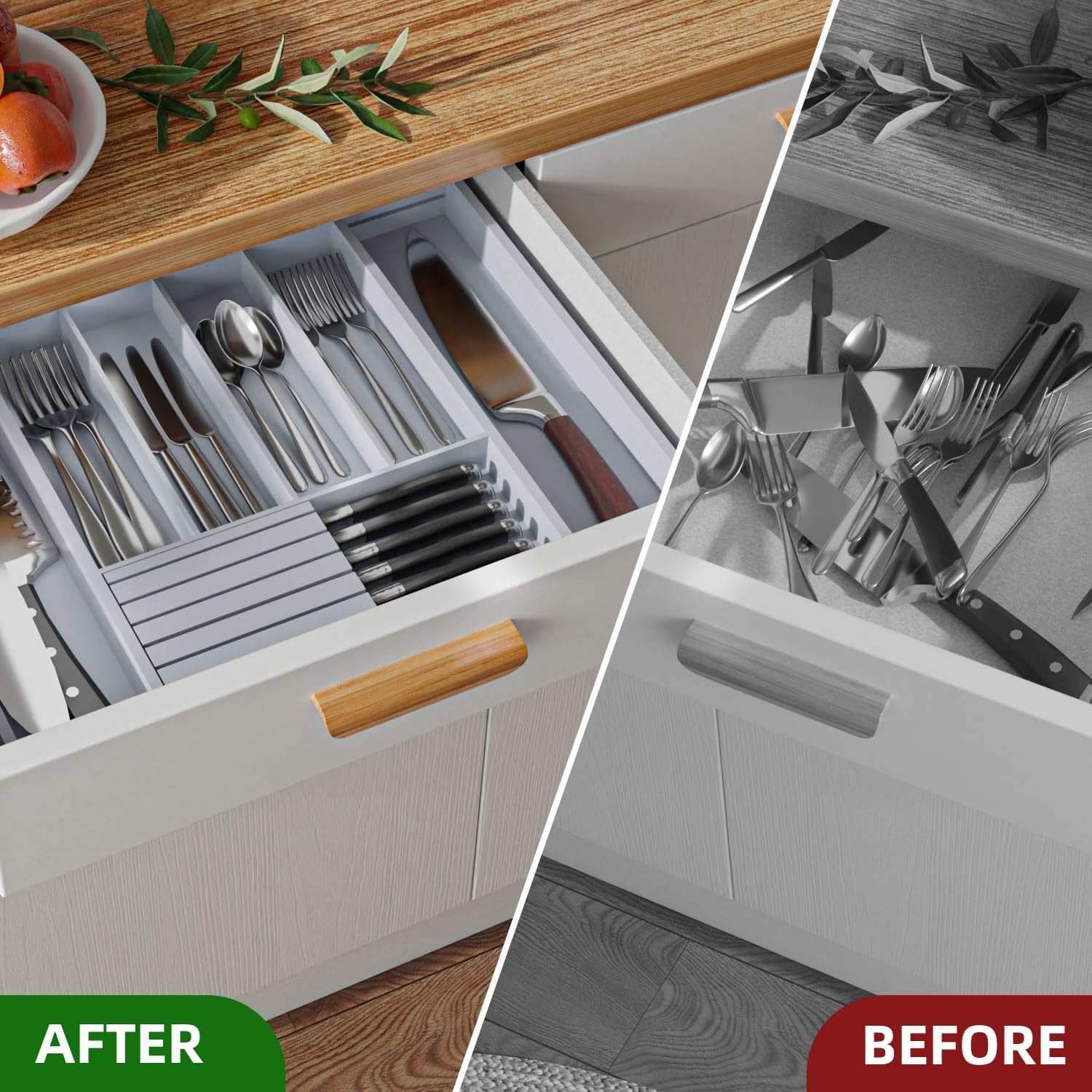 Organizador grande de cajones de utensilios con divisor  Soporte extraíble para cuchillos de cocina, organizador de cubiertos ajustable de bambú