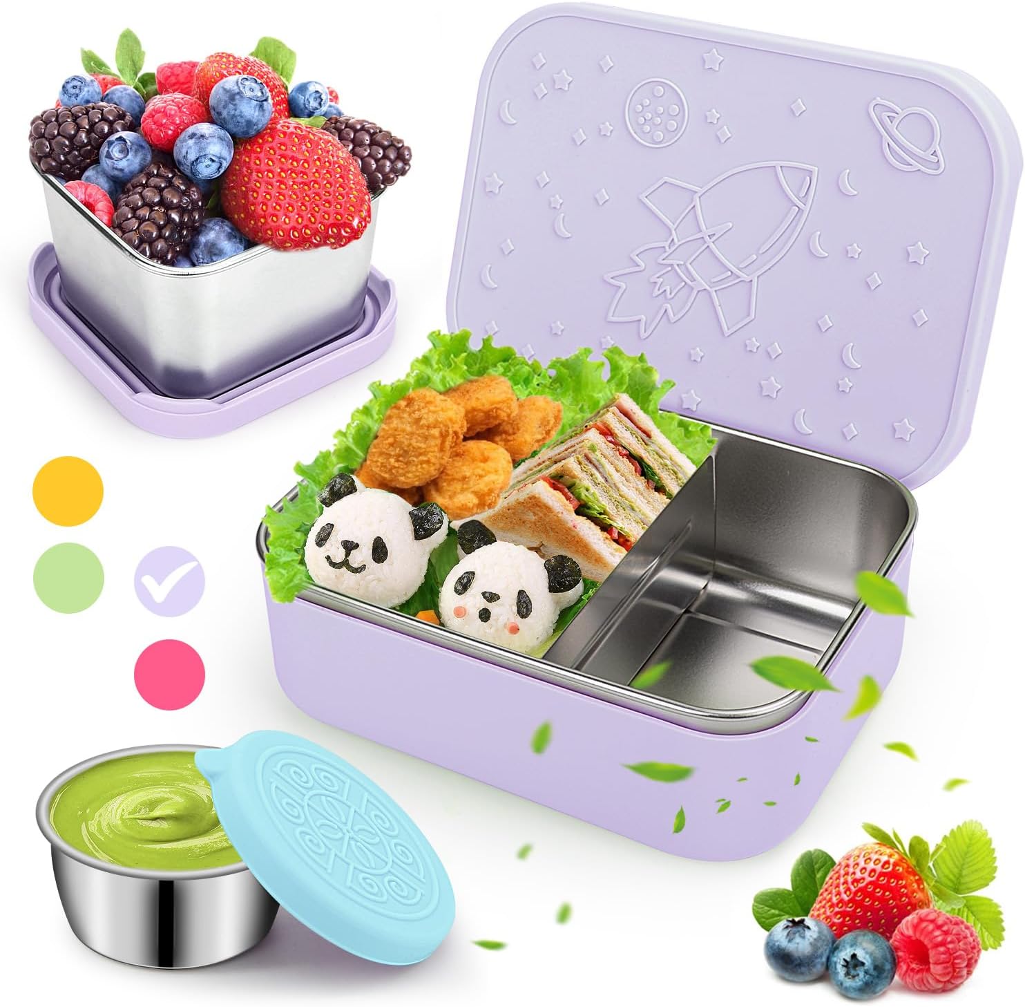 Juego de 3 cajas de almuerzo Bento de acero inoxidable, 28.7 onzas, a prueba de fugas, cajas de almacenamiento de alimentos de metal divididas con