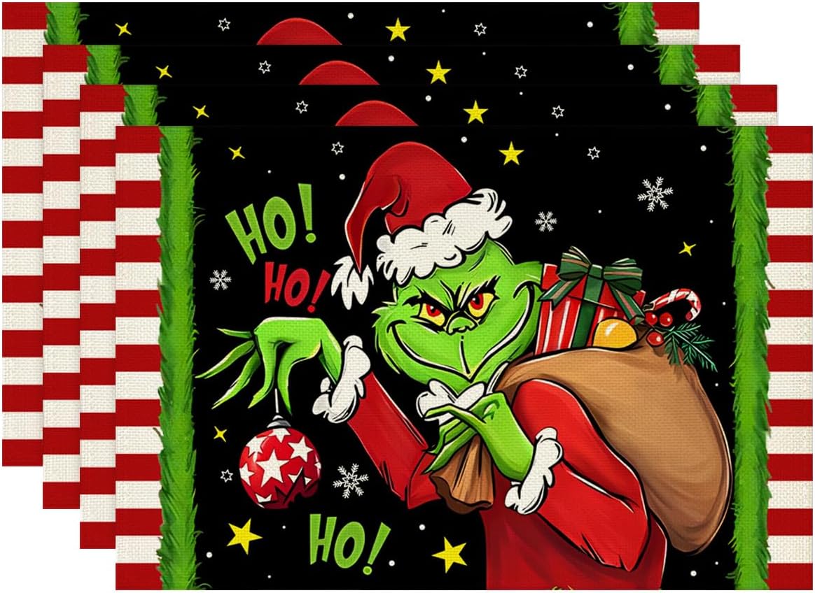 Grinch – Manteles individuales de Navidad, manteles individuales de Grinchmas, manteles individuales para Año Nuevo, invierno, Navidad, decoración