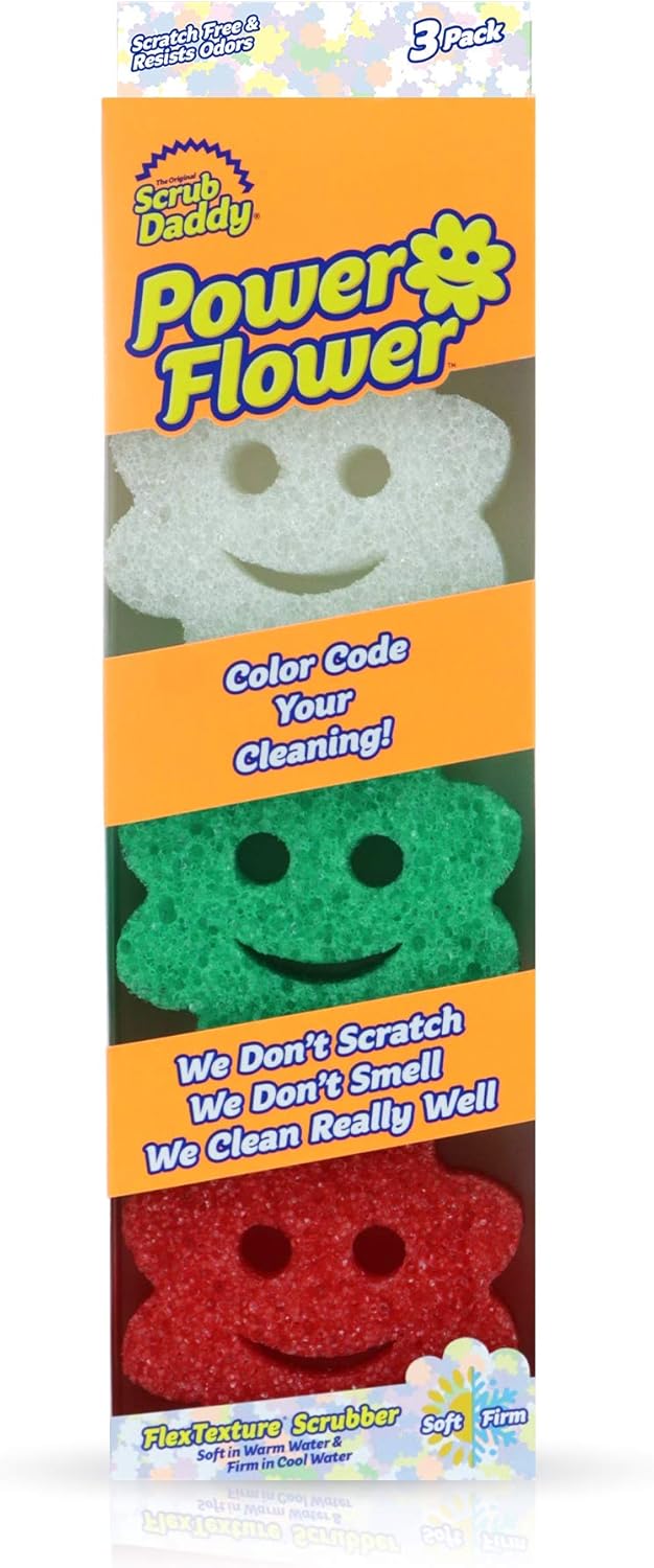 Scrub Daddy Juego de esponjas  Power Flower  Limpiador antiarañazos para platos y hogar, resistente al olor, suave en agua tibia, firme en frío,