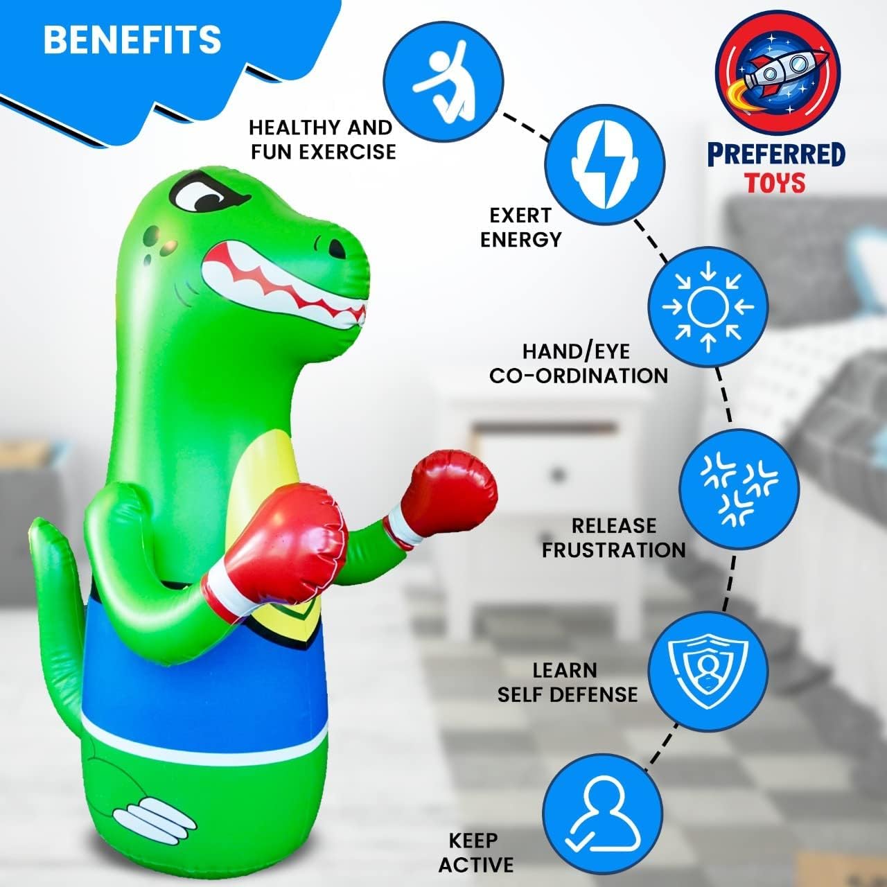 Juego de saco de boxeo inflable para niños, paquete de juguetes de boxeo inflables, dinosaurio inflable con movimiento de rebote instantáneo en la