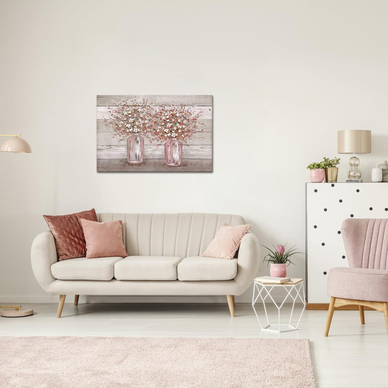RyounoArt Cuadros florales rosados para decoración de pared, flores rosas y grises en jarrón, pintura artística de granja, decoración de granja,