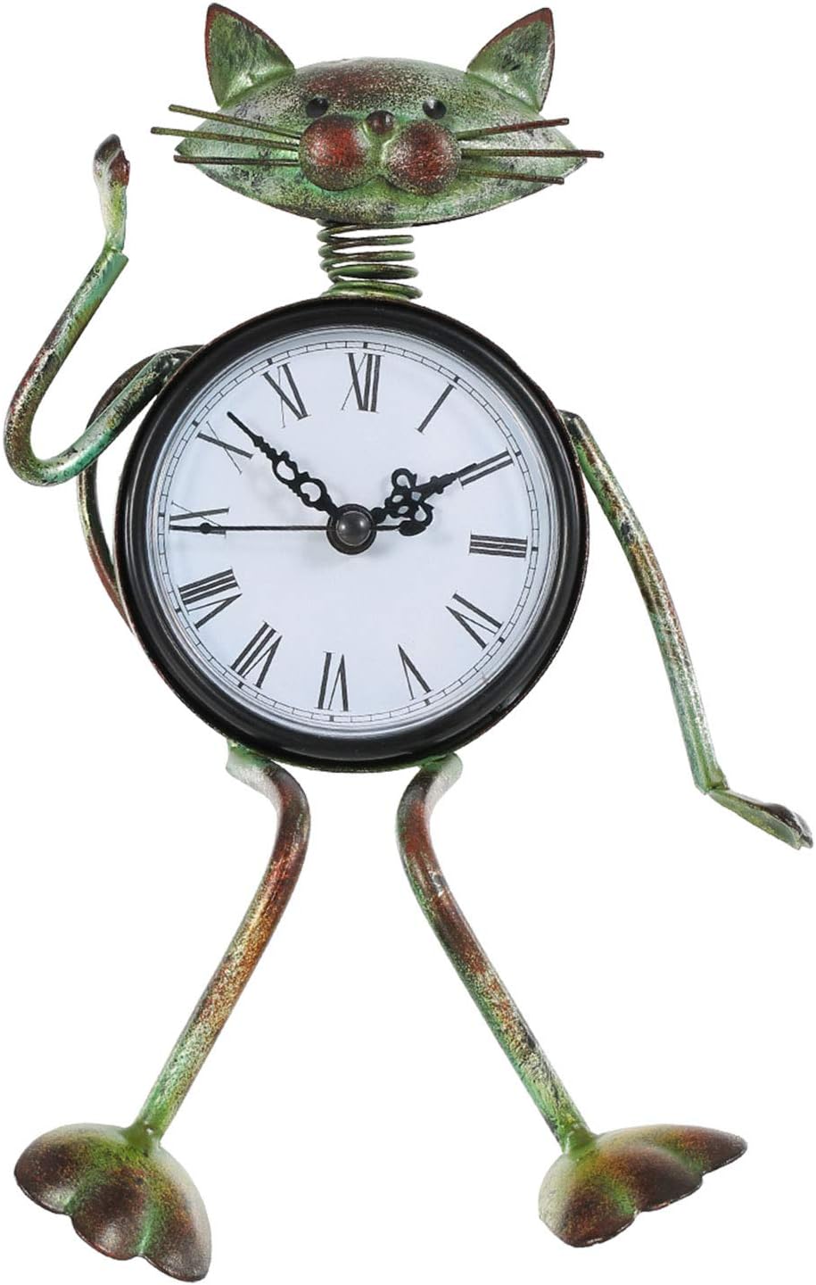 HUIOP Reloj de gato hecho a mano, estilo vintage, de metal, de hierro, estatuilla de gato, reloj de mesa silencioso, práctico reloj con batería AA