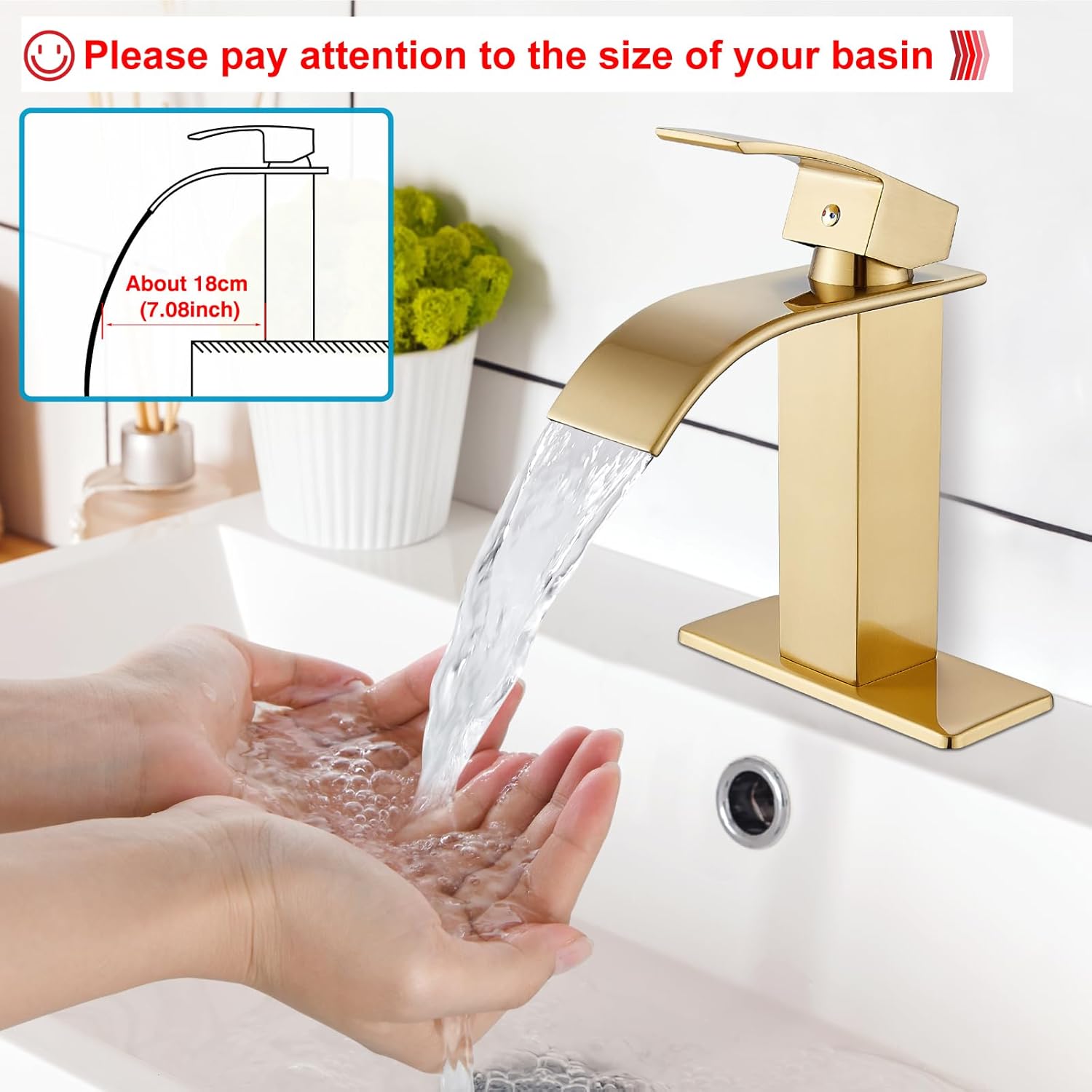 Midanya Grifo de lavabo de baño de oro cepillado, boquilla de cascada, mango único, 1 agujero, montaje en cubierta, grifo mezclador de lavabo