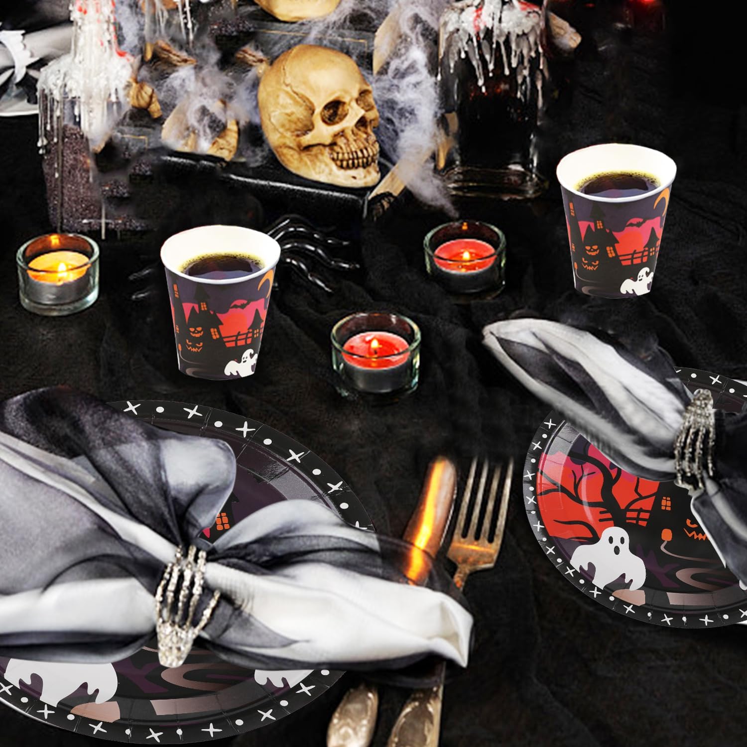 DIYASY Platos y servilletas de Halloween, suministros para fiesta, platos de papel y tazas, platos desechables para cena, platos de postre a granel,