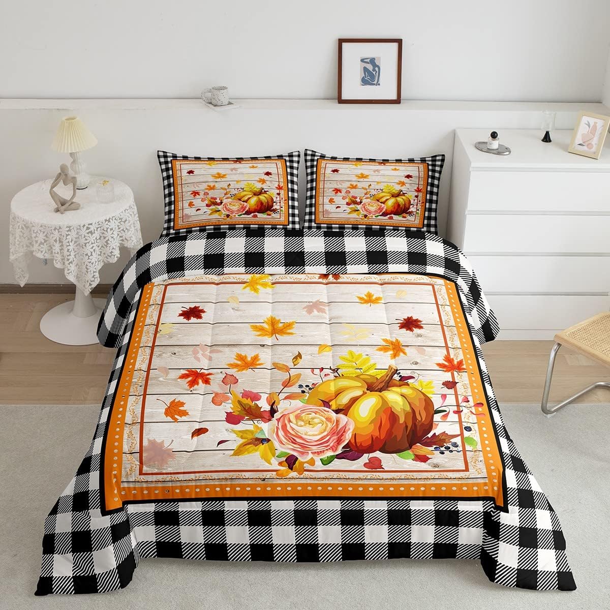 Castle Fairy Juego de edredón de acuarela con flores de calabaza, tamaño individual, juego de edredón con temática de Acción de Gracias, colección