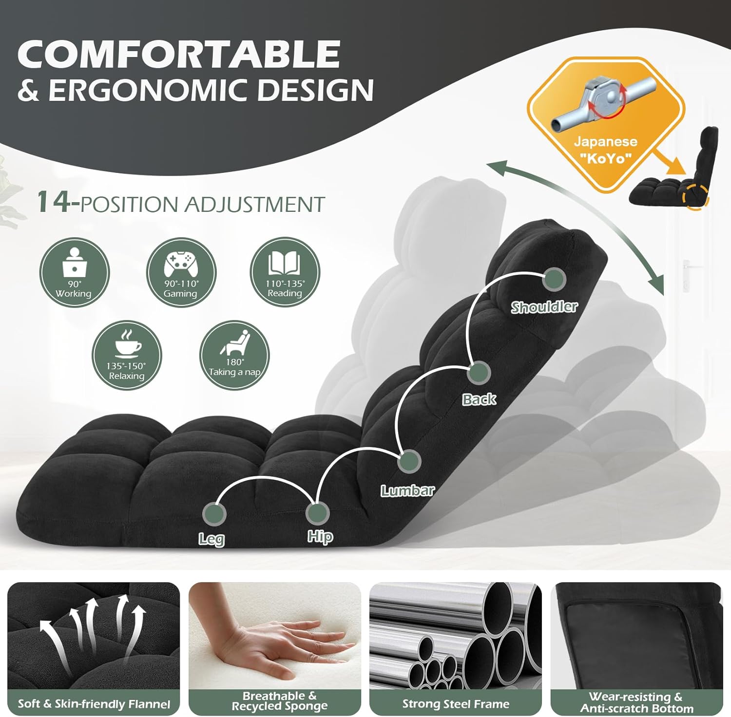 Avocahom Silla plegable para juegos de suelo, respaldo ajustable de 14 posiciones, franela agradable al tacto y marco de aleación de aluminio, ideal