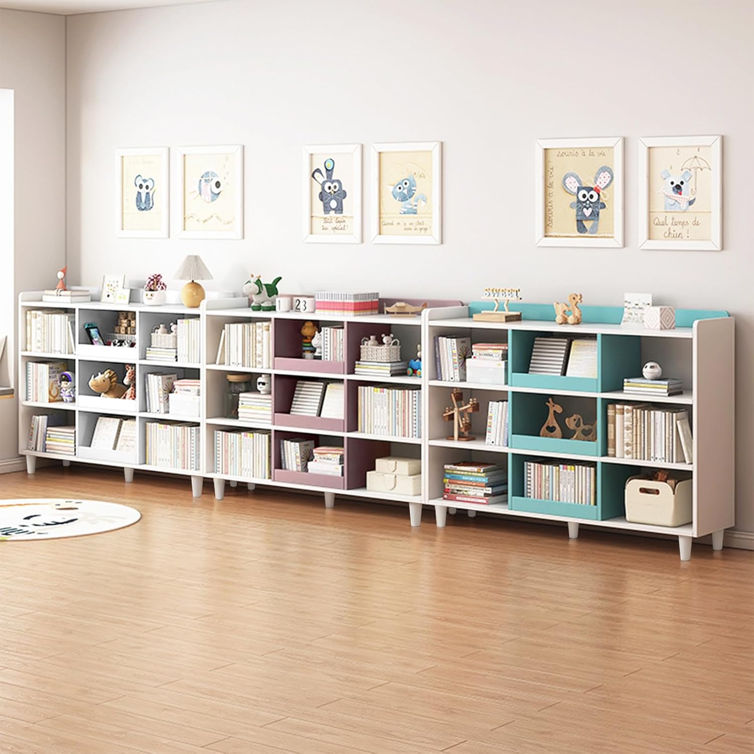 Estantería de madera en forma de cubo con patas, estante abierto de 3 niveles para niños, organizador de almacenamiento para libros y juguetes,