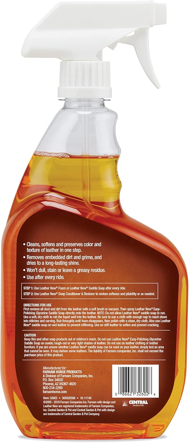 Farnam Leather New Easy Pulishing – Jabón de glicerina y limpiador de sillín de cuero, protege y conserva el cuero, limpia, acondiciona y pule, 32