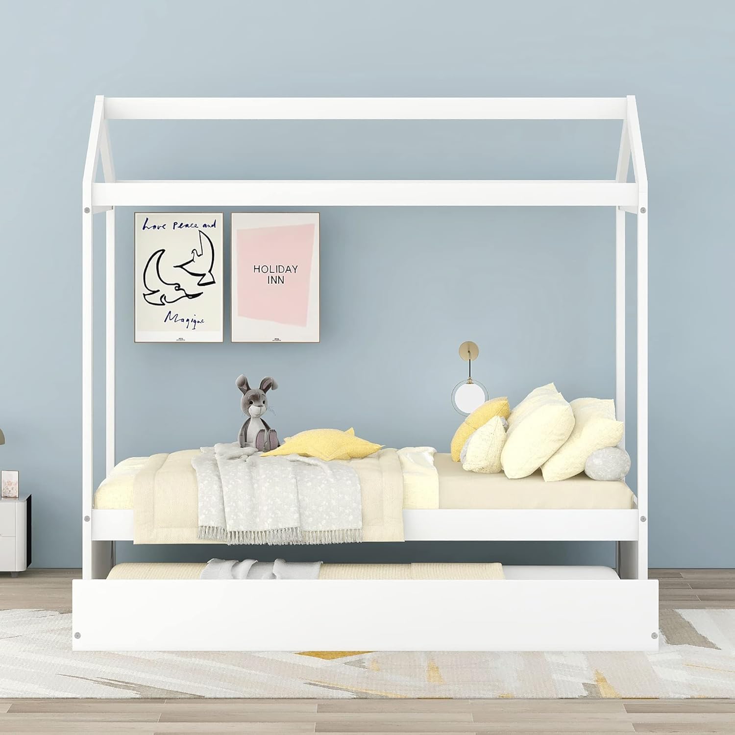 Harper & Bright Designs Cama individual de casa para niños, marco de cama de tamaño individual con nido y techo, cama de casa de juegos para niños,