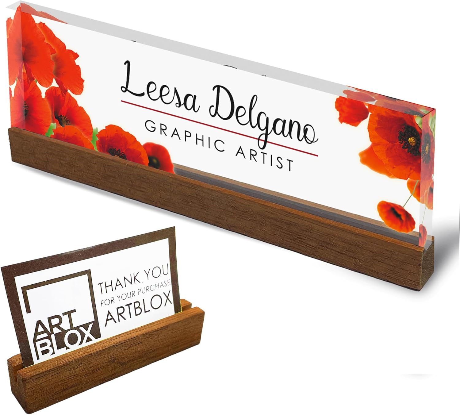 Artblox Placa de identificación personalizada de oficina para escritorio con tarjetero en vidrio acrílico transparente, diseño de flores de amapola,