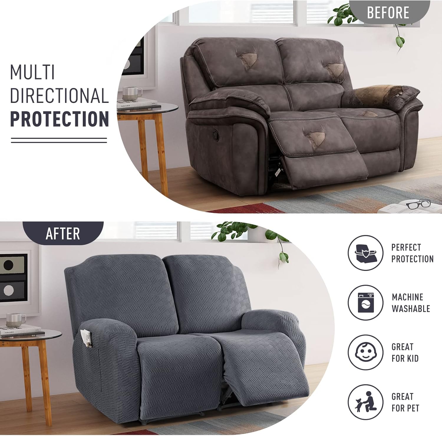 KinCam Fundas reclinables para sofá biplaza, 2 piezas elásticas para sofá reclinable de 2 asientos, fundas protectoras de muebles de jacquard a