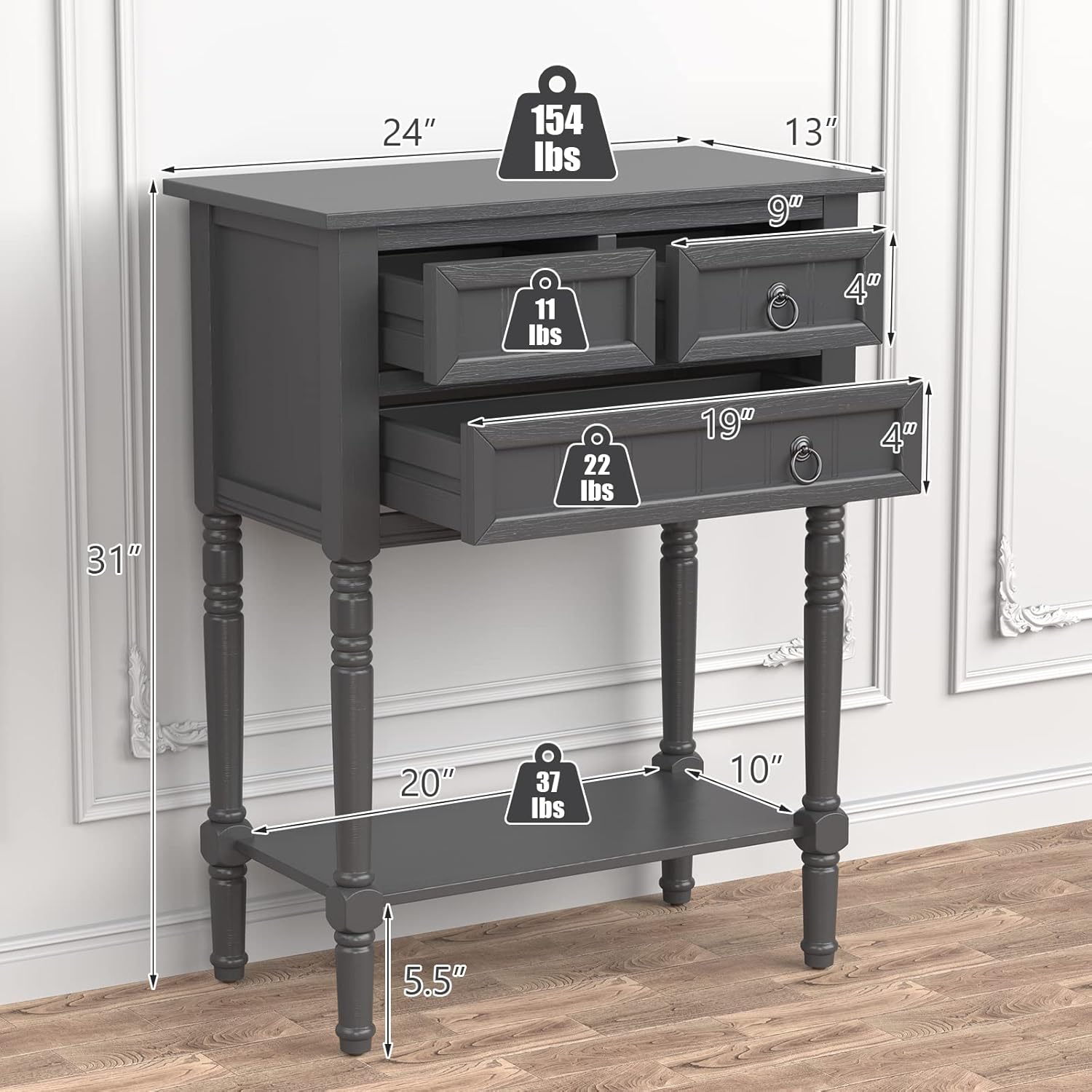 Giantex Mesa consola con 3 cajones, mesa de entrada rústica de 24 pulgadas con almacenamiento, estante inferior abierto, mesa de pasillo compacta,