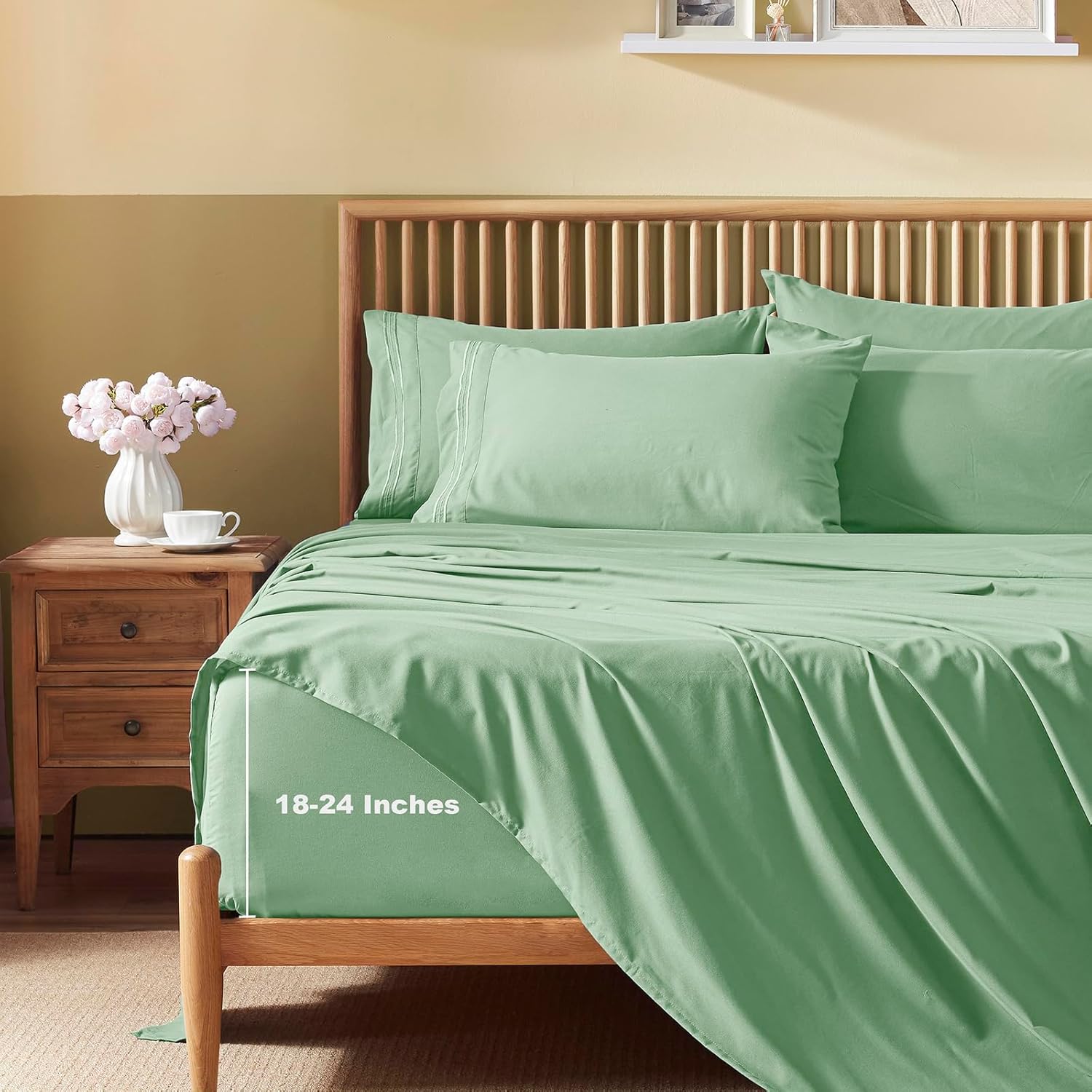 Homiest Juego de sábanas de bolsillo extra profundo, 6 piezas de sábanas suaves de color verde salvia de 18 a 24 pulgadas, sábanas de microfibra de