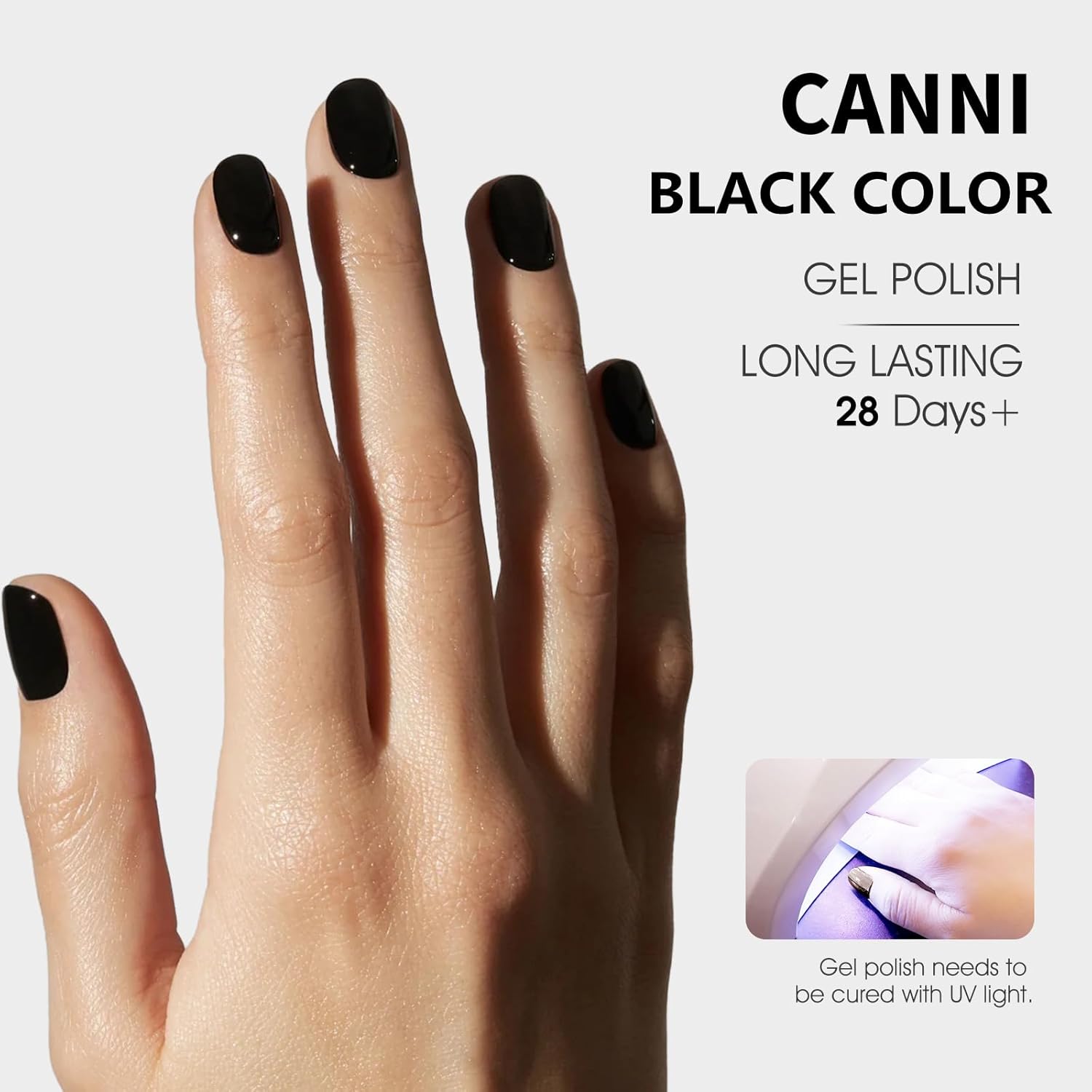 CANNI Esmalte de uñas de gel negro, 1 unidad de 0.6 fl oz (0.5 fl oz) de esmalte de gel negro puro Soak Off LED, juego de esmalte de uñas en gel