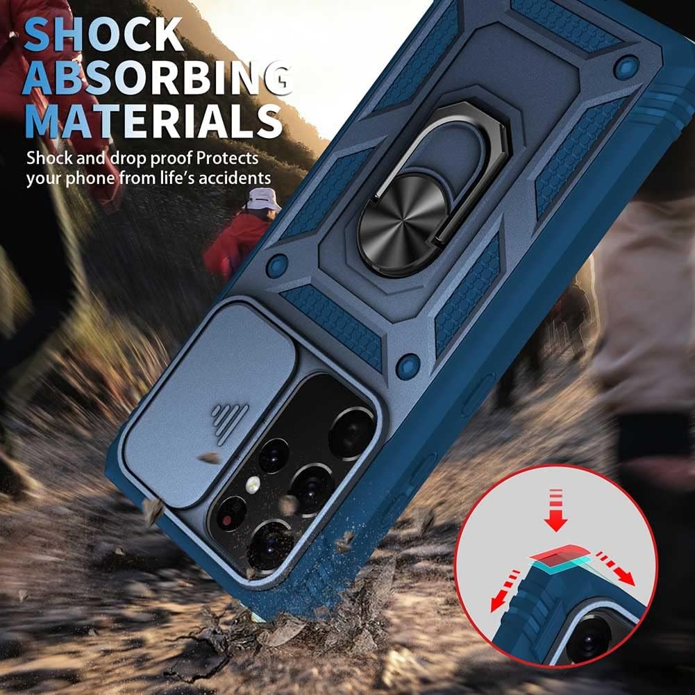 Funda para Samsung Galaxy S21 Ultra con cubierta deslizante para cámara y ranura para tarjeta y soporte de anillo, a prueba de golpes, grado