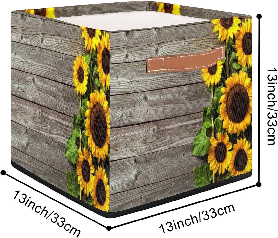 Aglebo Cesta de almacenamiento de girasol de madera, caja de almacenamiento plegable de tela de 13 x 13 x 13 pulgadas, cubos cuadrados con asas para