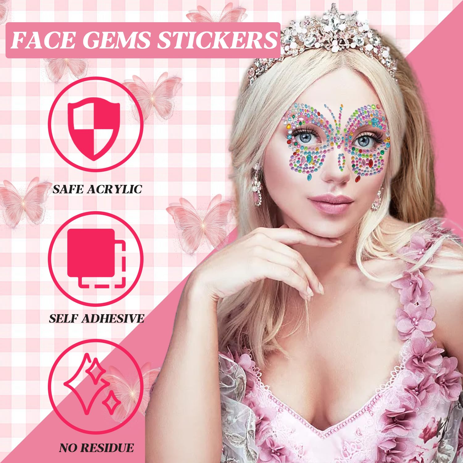 4 hojas de calcomanías para la cara, gemas de mariposa para festivales, fiestas, gemas de diamantes de imitación autoadhesivos, cristales para pegar