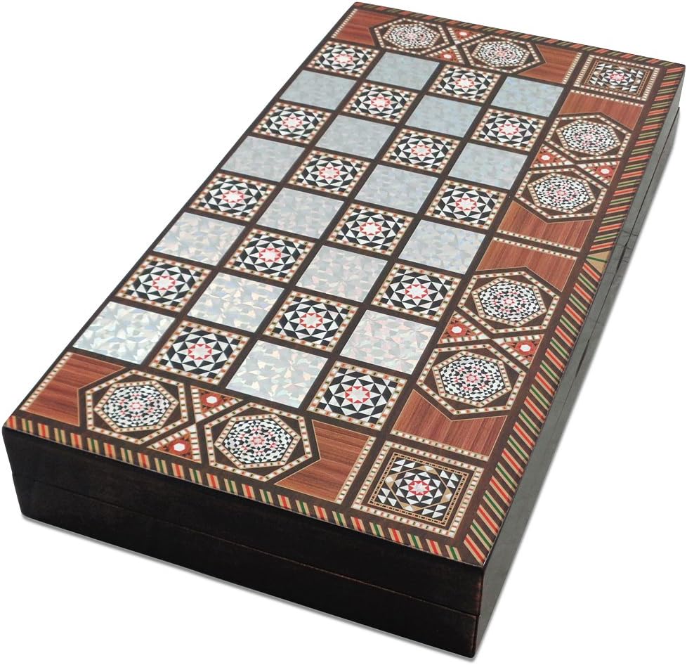 Yenigun Tavla 20″ Madre de Perla Patrón laminado madera comprimida cuadros Backgammon Set
