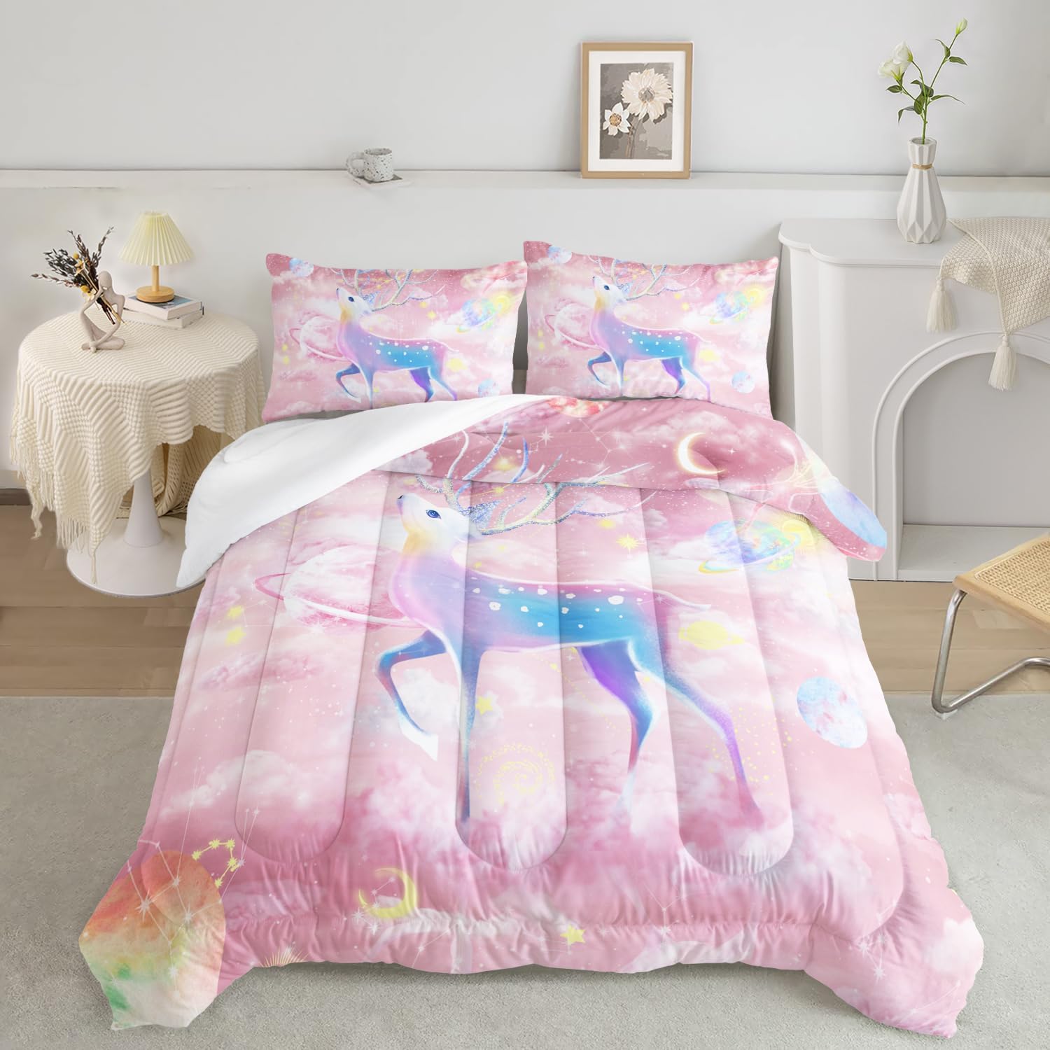 CVHOUSE Ecbttab047 – Juego de edredón rosa para niña, tamaño matrimonial, juego de ropa de cama con espacio de nube rosa para niños, ciervo y