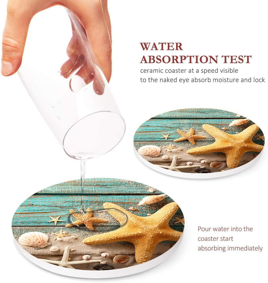 Bribay Juego de 6 posavasos para bebidas, diseño de estrellas de mar y conchas de mar, color azul playa, absorbente, con base de corcho y soporte de