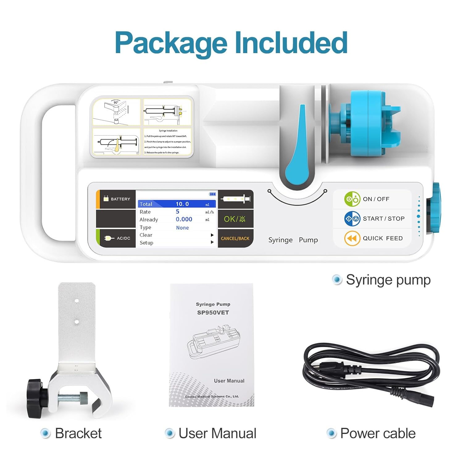 CONTEC Bomba de jeringa veterinaria Máquina de bomba recargable con KVO Alarma de umbral de oclusión ajustable y calibración SP950