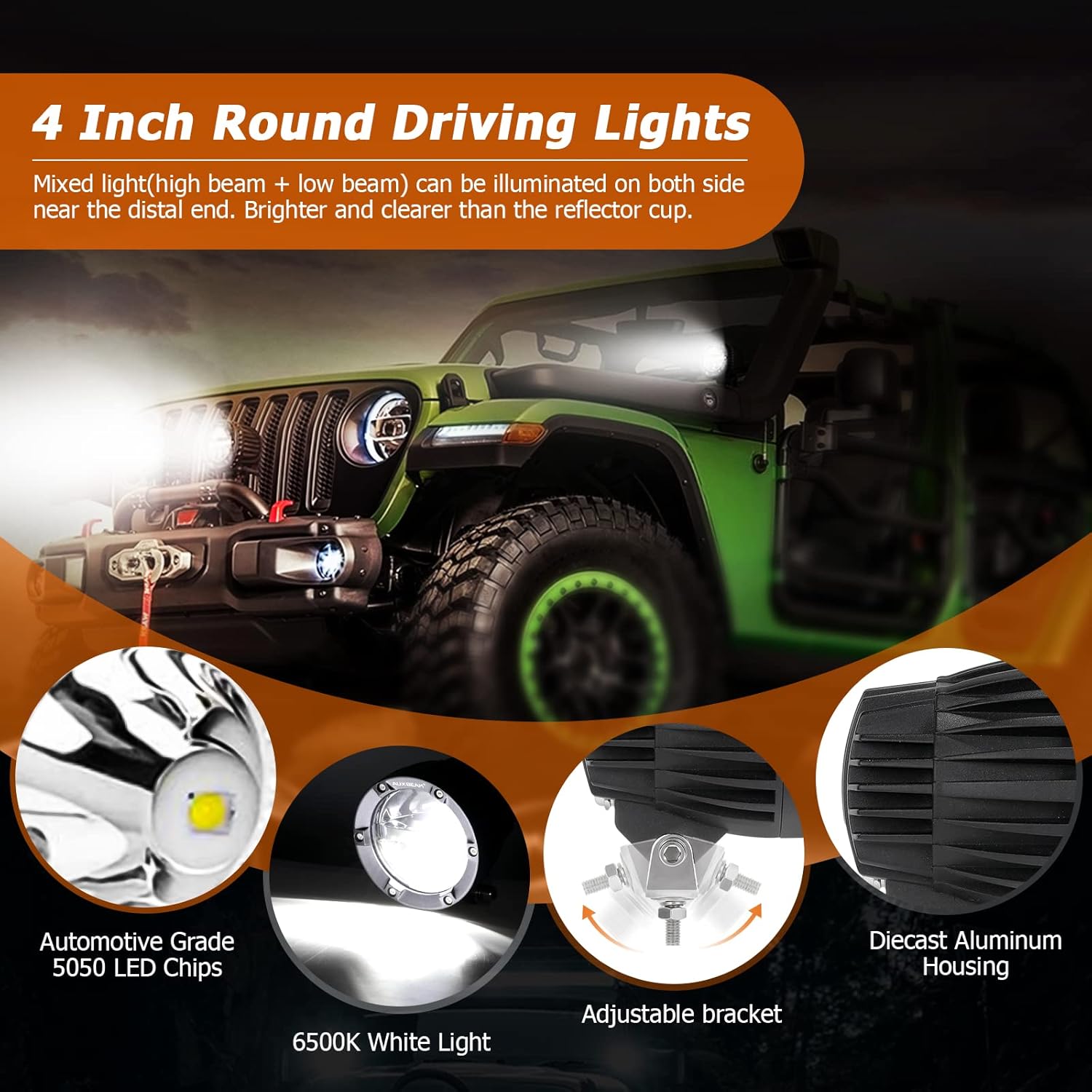 Auxbeam Kit combinado de luces redondas para todo terreno de 4 pulgadas con cubiertas negras, 100 W, 10000 lúmenes, diseño de haz HiLoCombo LED, luz