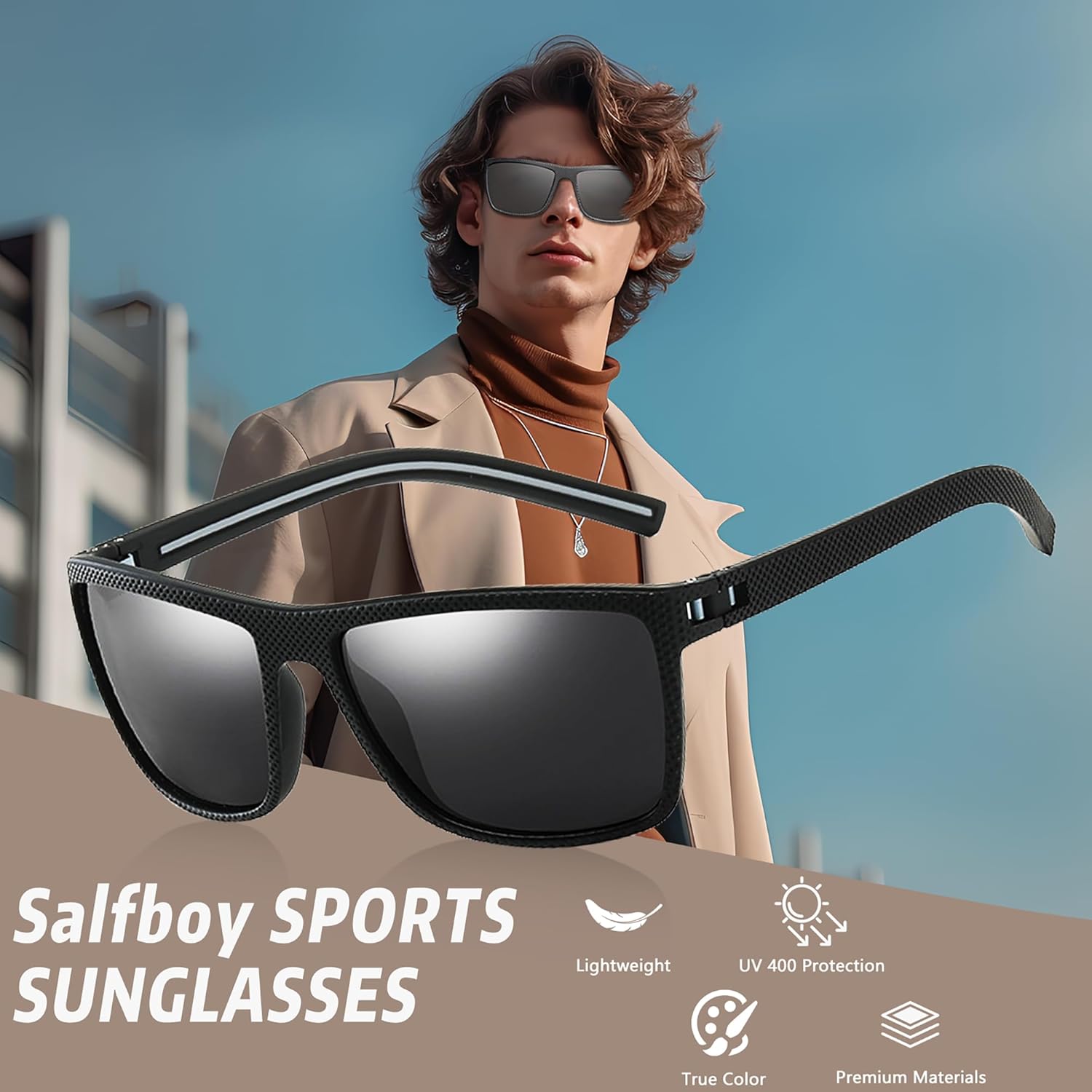 Salfboy Gafas de sol polarizadas para hombre, protección UV, ligeras, rectangulares, para pesca, conducción