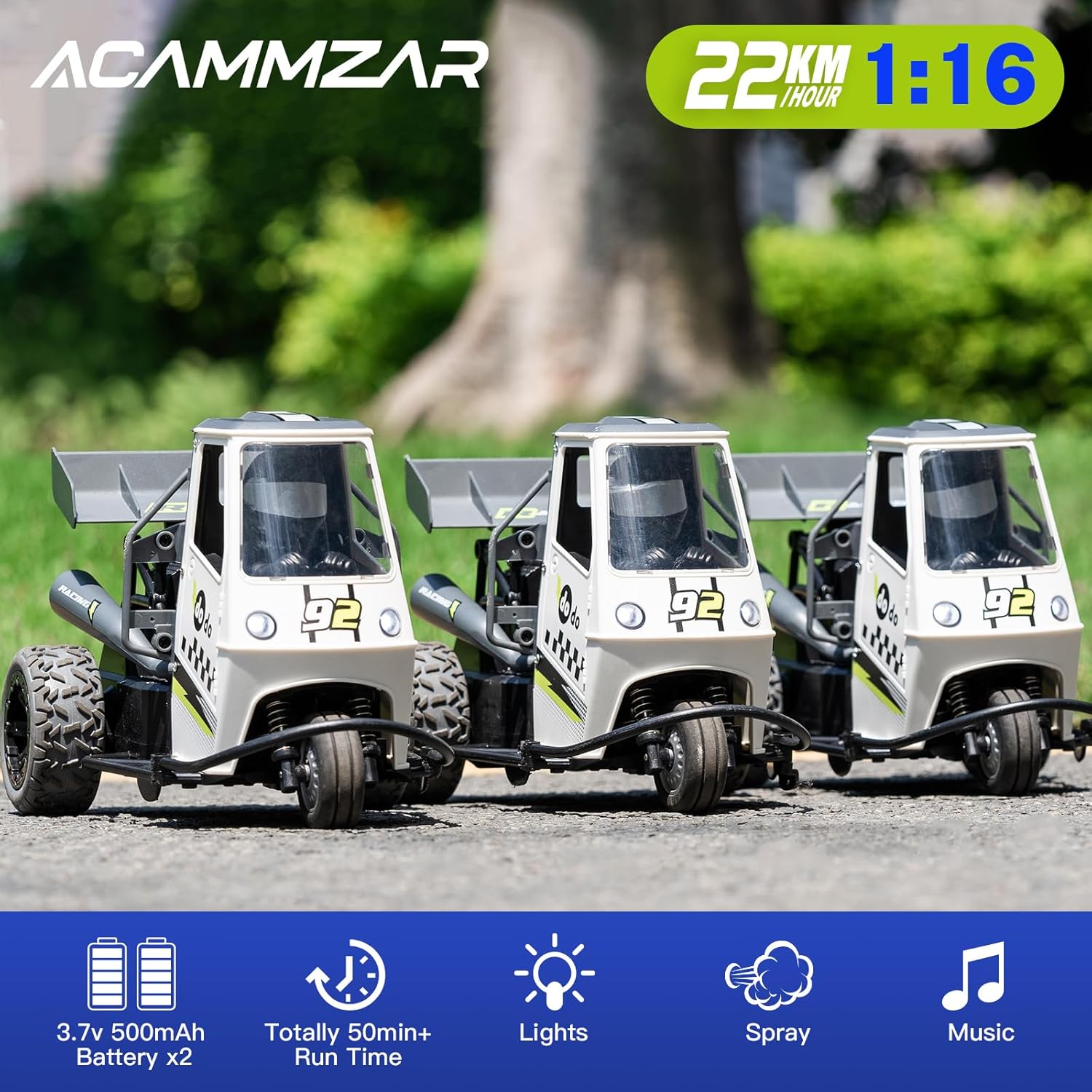 ACAMMZAR Coche de control remoto para niños, motocicleta RC 116, 22+kmh, control remoto de tres ruedas, con luz, spray para niños y niñas, regalo de
