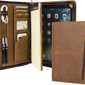 AZXCG Portafolio organizador de cuero para hombres, folio profesional con soporte para bloc de notas A4Legal, cartera con cremallera para currículum AZXCG Portafolio organizador de cuero para hombres, folio profesional con soporte para bloc de notas A4Legal, cartera con cremallera para currículum