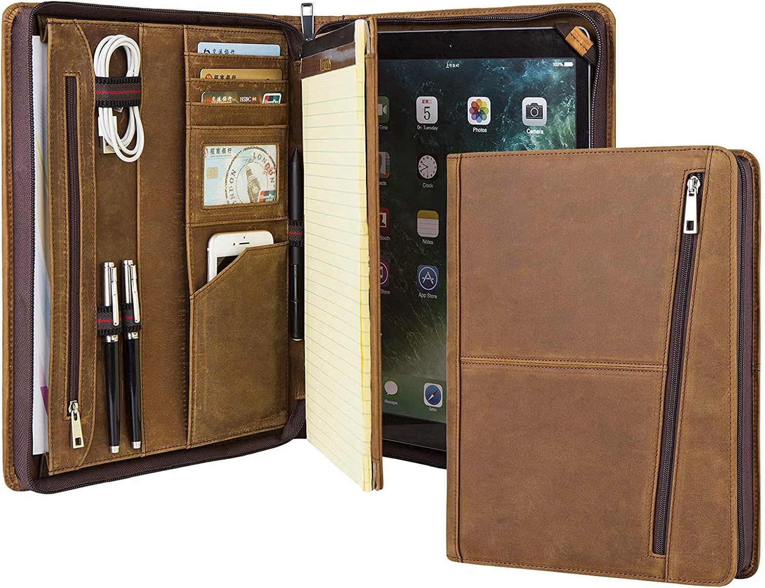 AZXCG Portafolio organizador de cuero para hombres, folio profesional con soporte para bloc de notas A4Legal, cartera con cremallera para currículum