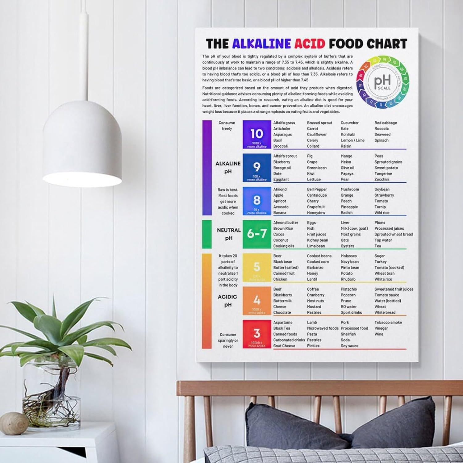 FGRID Póster educativo con texto en inglés The Alkaline Acid Food Chart Food Chart, póster educativo de nutrición para dormitorio, sala de estar, 12