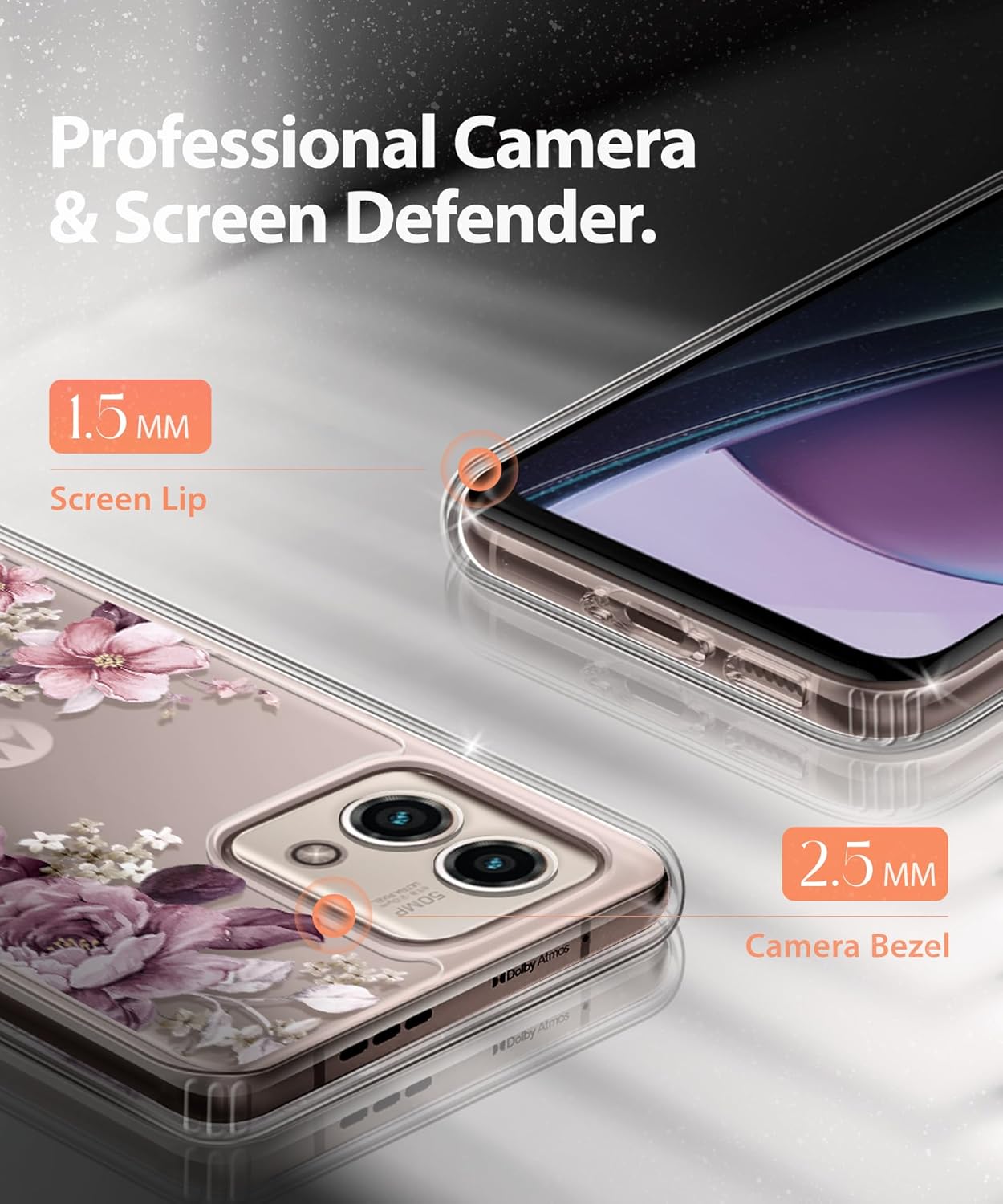 Funda protectora delgada para Moto G Stylus-5G-2023, diseño de flores transparentes a prueba de golpes de policarbonato duro + TPU parachoques