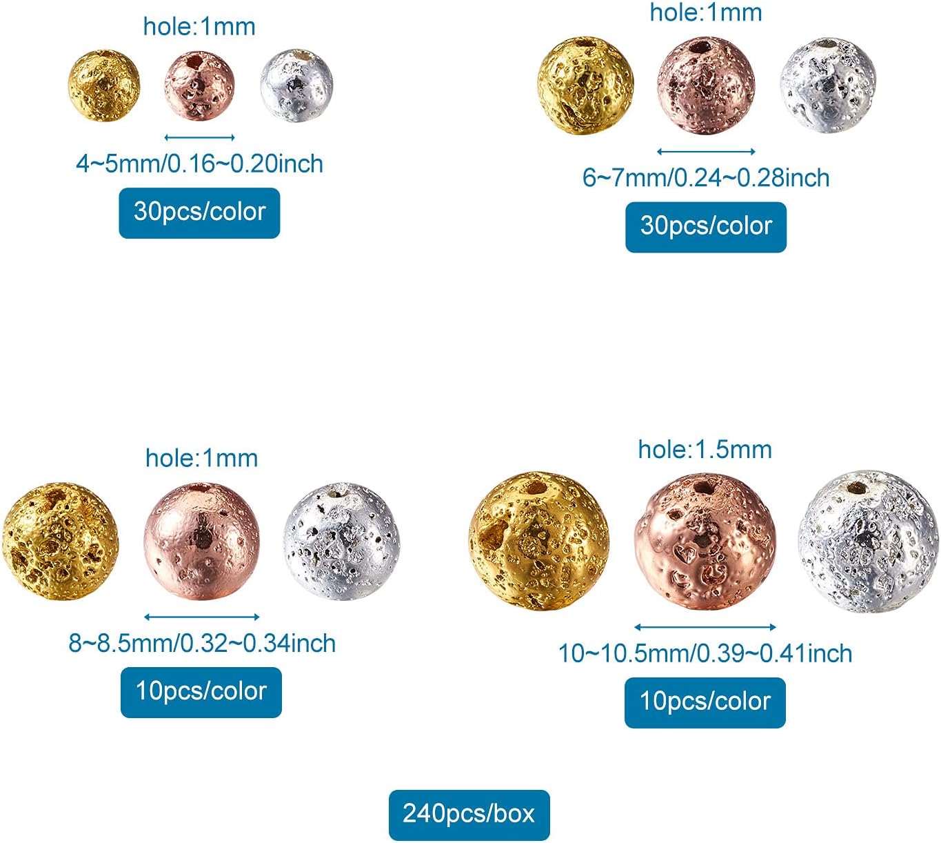 Craftdady 240 cuentas redondas naturales de piedra de lava de 0.394 a 0.394 pulgadas, piedras preciosas volcánicas sueltas, cuentas espaciadoras de