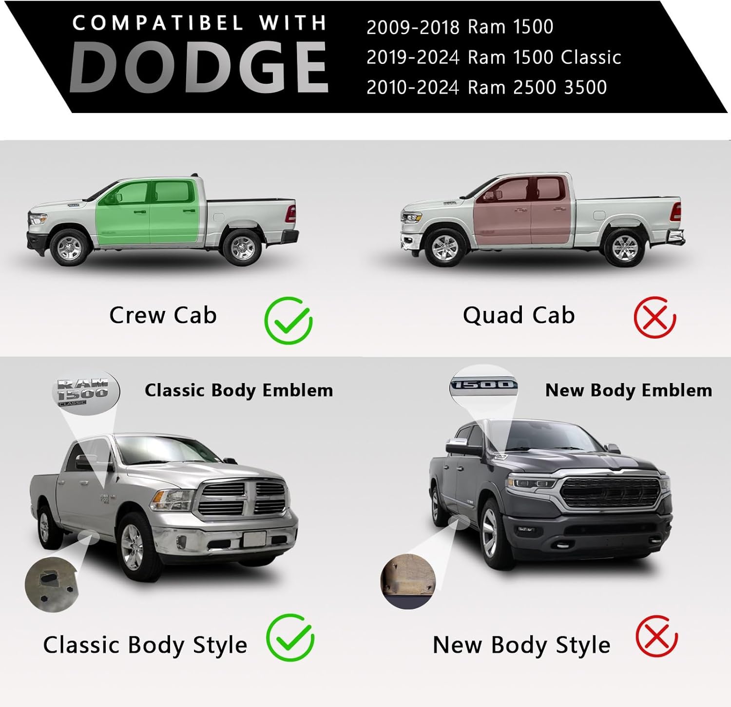 PZ Estribos de cabina de tripulación de 6 pulgadas para Dodge 2009-2018 RAM 1500 2019-2024 RAM 1500 Classic Body (nuevo estilo de carrocería no