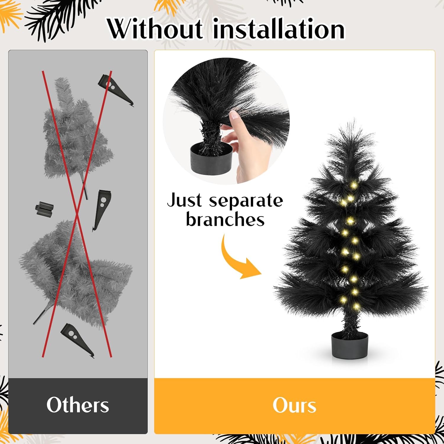 MACTING Mini árbol de Navidad negro con luces, árbol de mesa artificial de 2 pies, funciona con pilas para decoración del hogar, invierno,