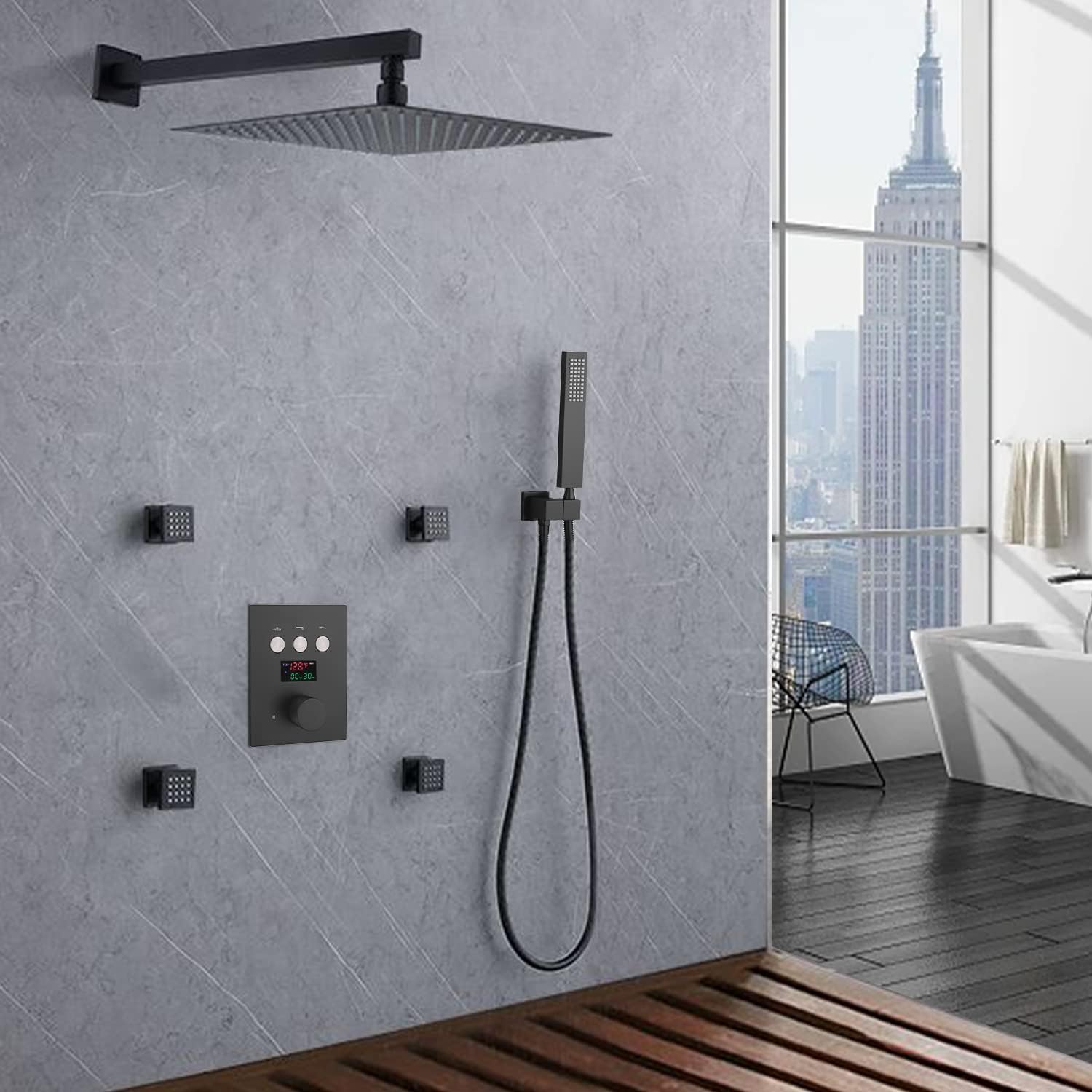 Sistema de ducha negro mate de 12 pulgadas, juego completo de grifo de ducha montado en la pared, sistema de ducha de cuerpo completo con chorros