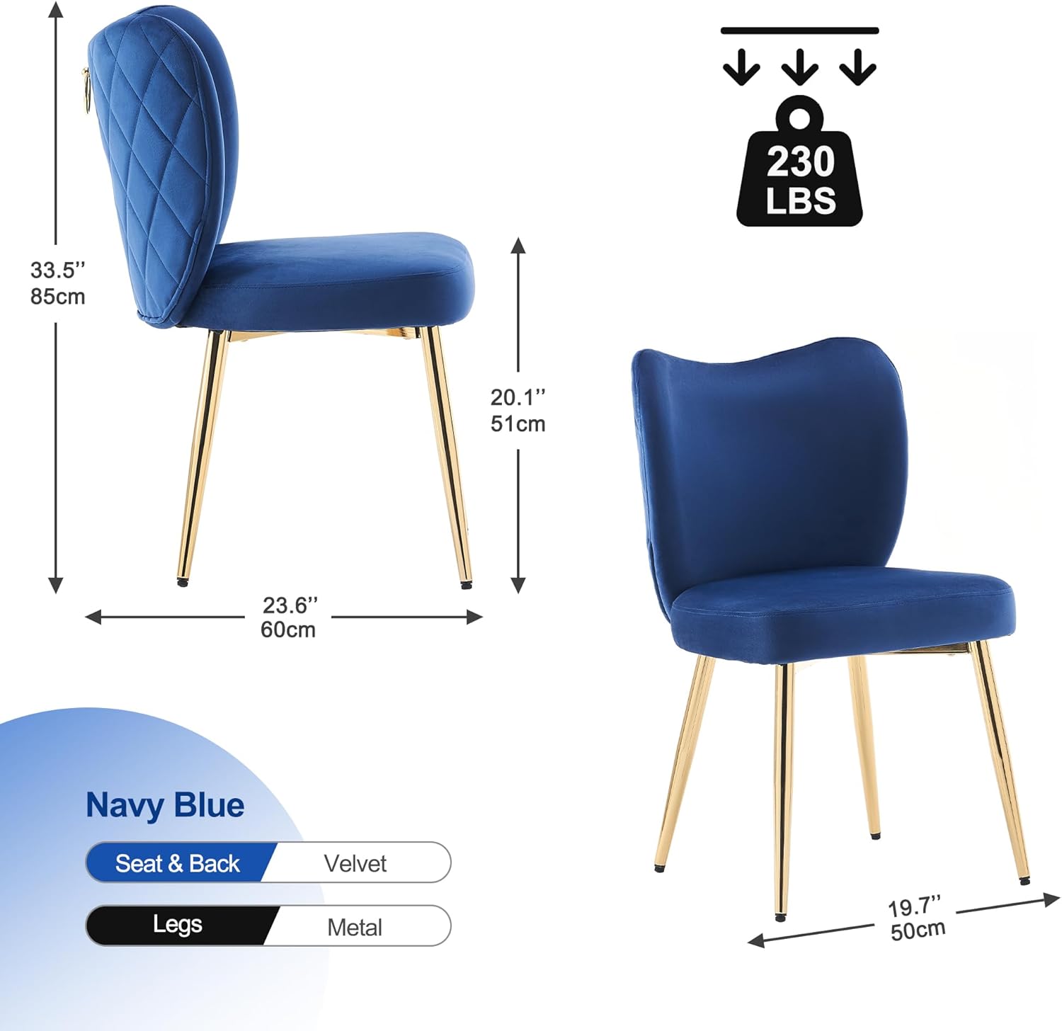 RHYNZEE Sillas de terciopelo sin brazos para sala de estar, comedor con patas de metal dorado, silla auxiliar tapizada moderna de mediados de siglo