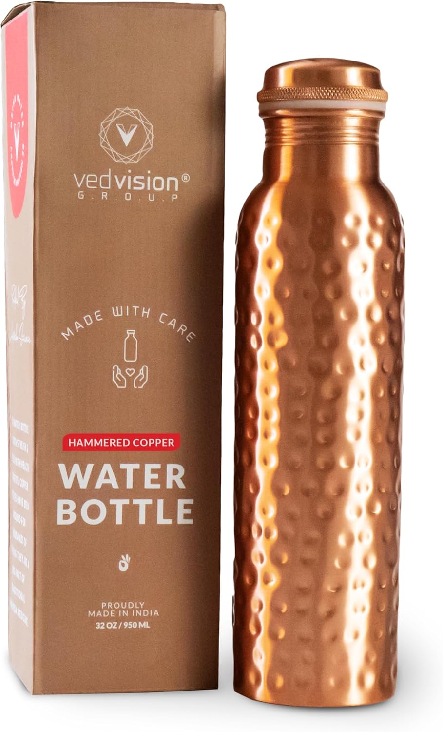 Botella de agua de cobre  32 oz ideal para beber, viajar, botella de gimnasio, botella de agua de cobre martillada hecha a mano (martillada)