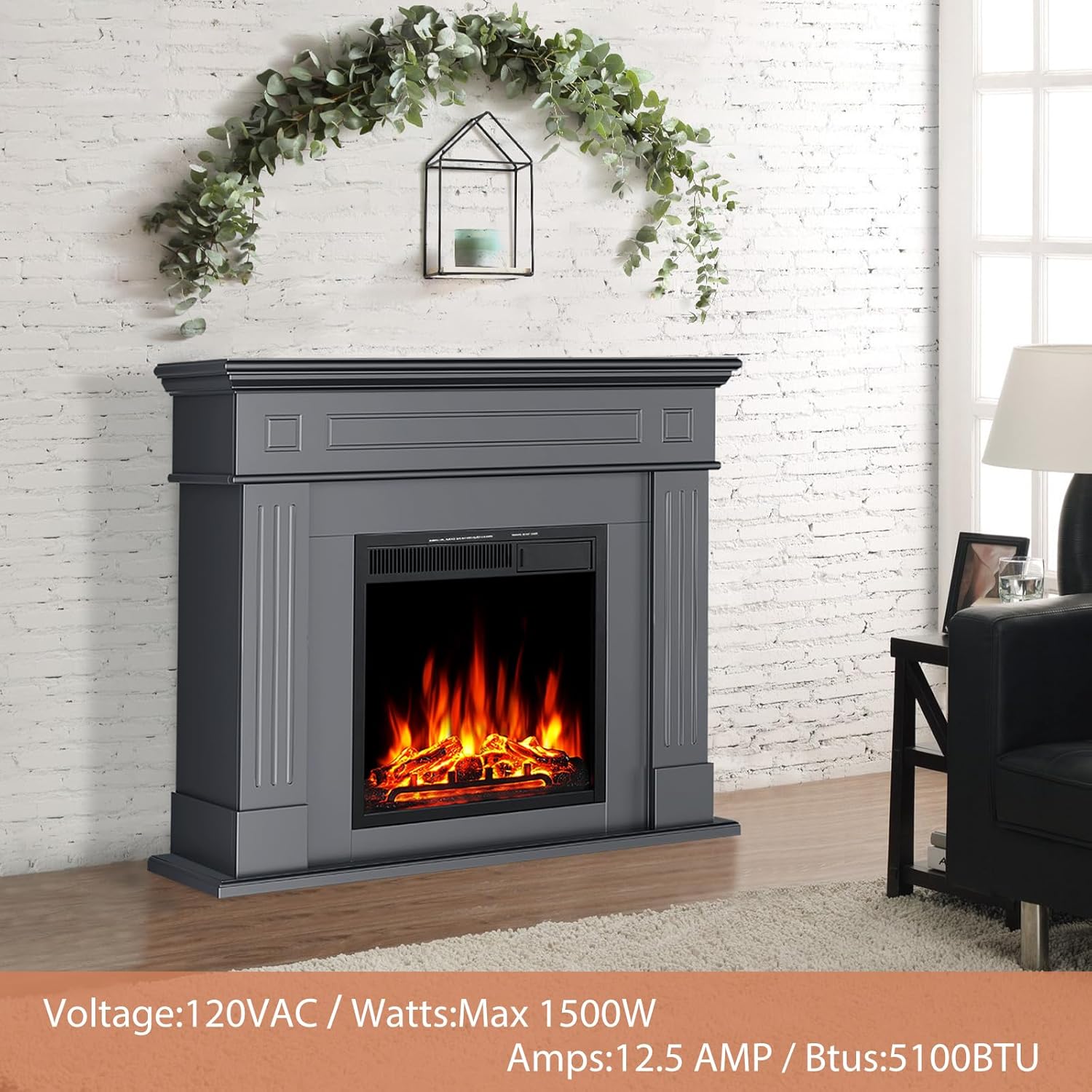 Xbeauty Chimenea eléctrica de 44 pulgadas con paquete de repisa, calentador de chimenea independiente con tronco y control remoto, 750-1500 W, (Gary)