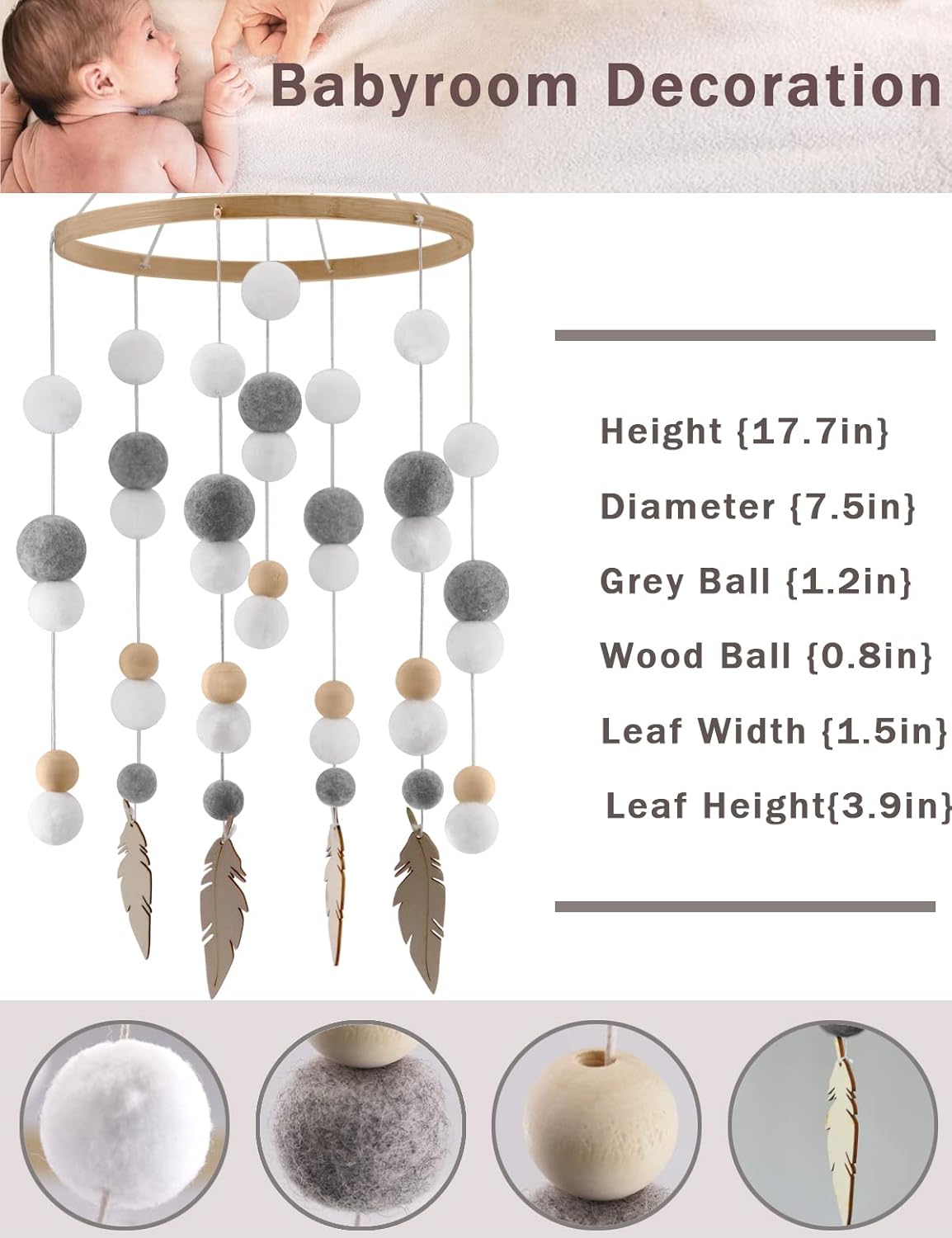 Cuna Baby Mobiles Cama de cuentas de madera para bebés Techo móvil Decorar Colgante Infantil Enfermería (Circular-Blanco Gris Verdura)