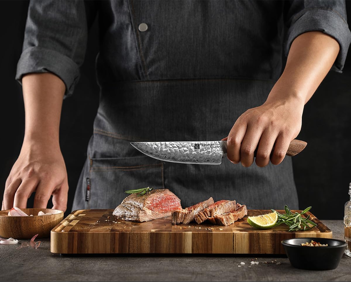 XINZUO Juego de 4 cuchillos para carne de 5 pulgadas, acero japonés AUS-10 de 67 capas forjados de Damasco con caja de regalo, cuchillo de mesa de